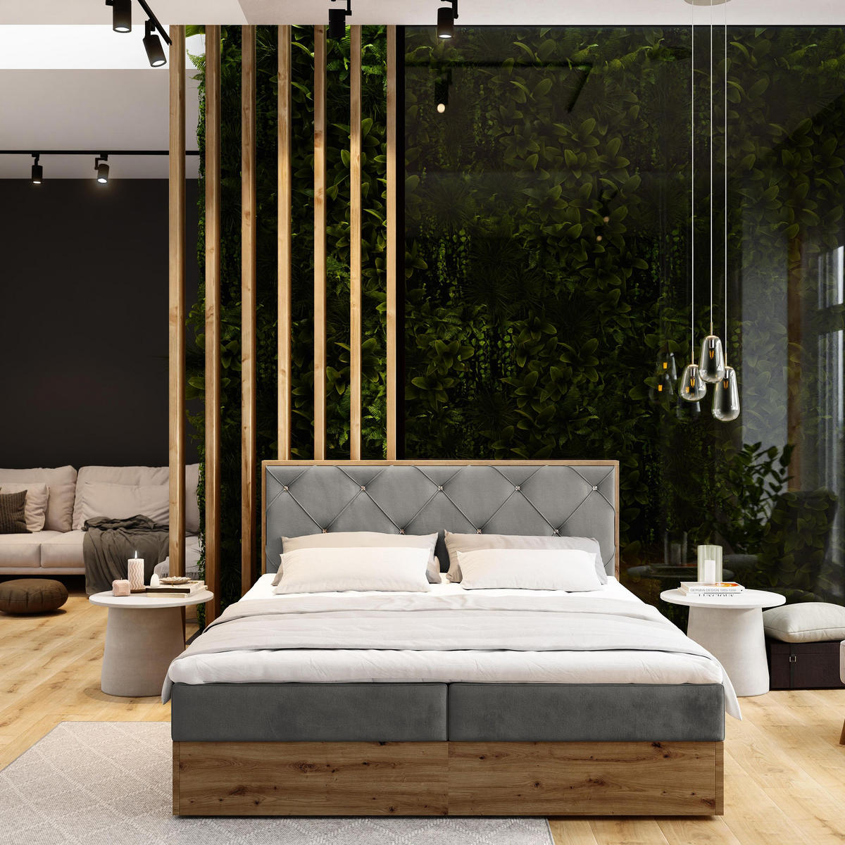 BOXBETT FOSCO 180x200 cm mit Matratze und Topper - Grau - Grau, Holz (180/200cm) - MASSENO