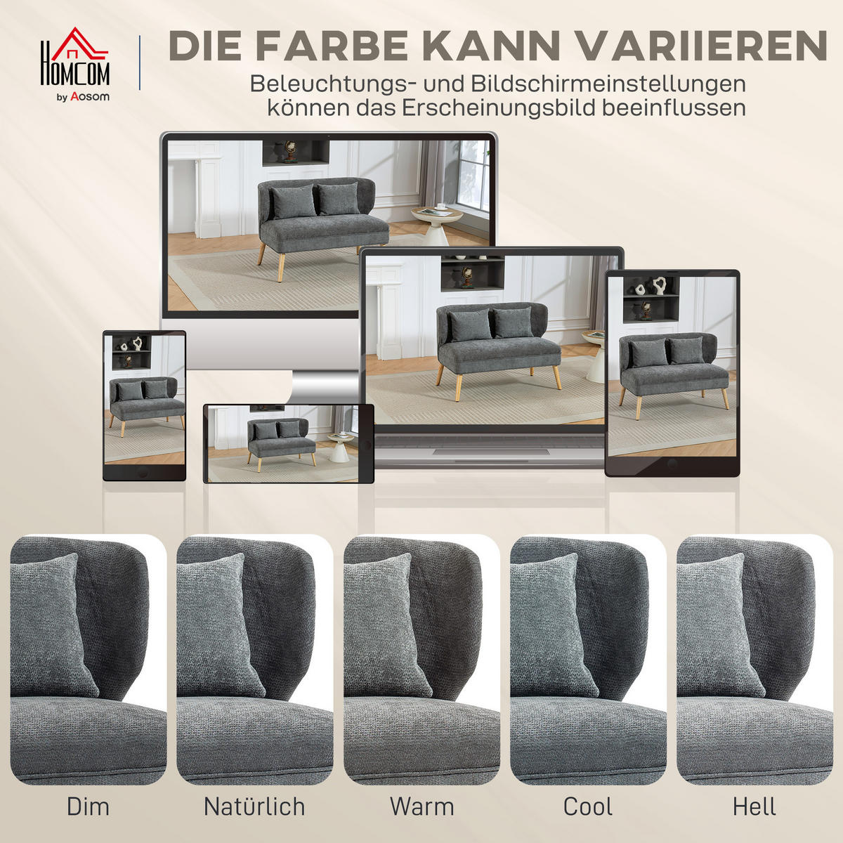 2-SITZER-SOFA Polyester Grau - Beige/Naturfarben, Holz/Holzwerkstoff (65/78.5/117cm) - HOMCOM