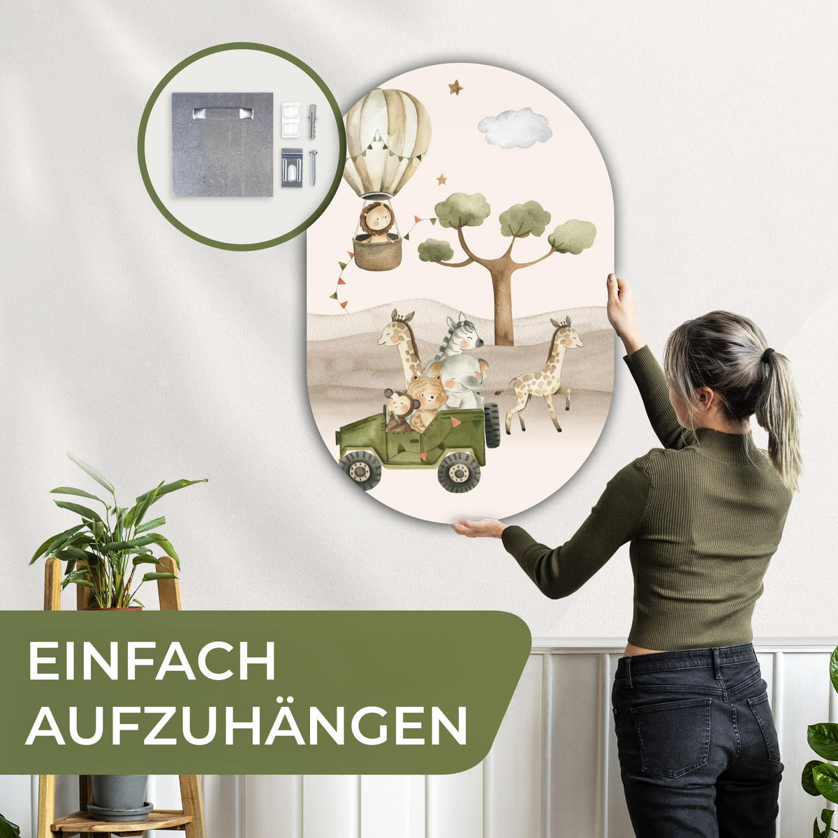 WANDBILD Wilde Tiere - Safari - Aquarell - Heißluftballon 80x120 cm - Beige, Kunststoff (80/120cm) - MuchoWow