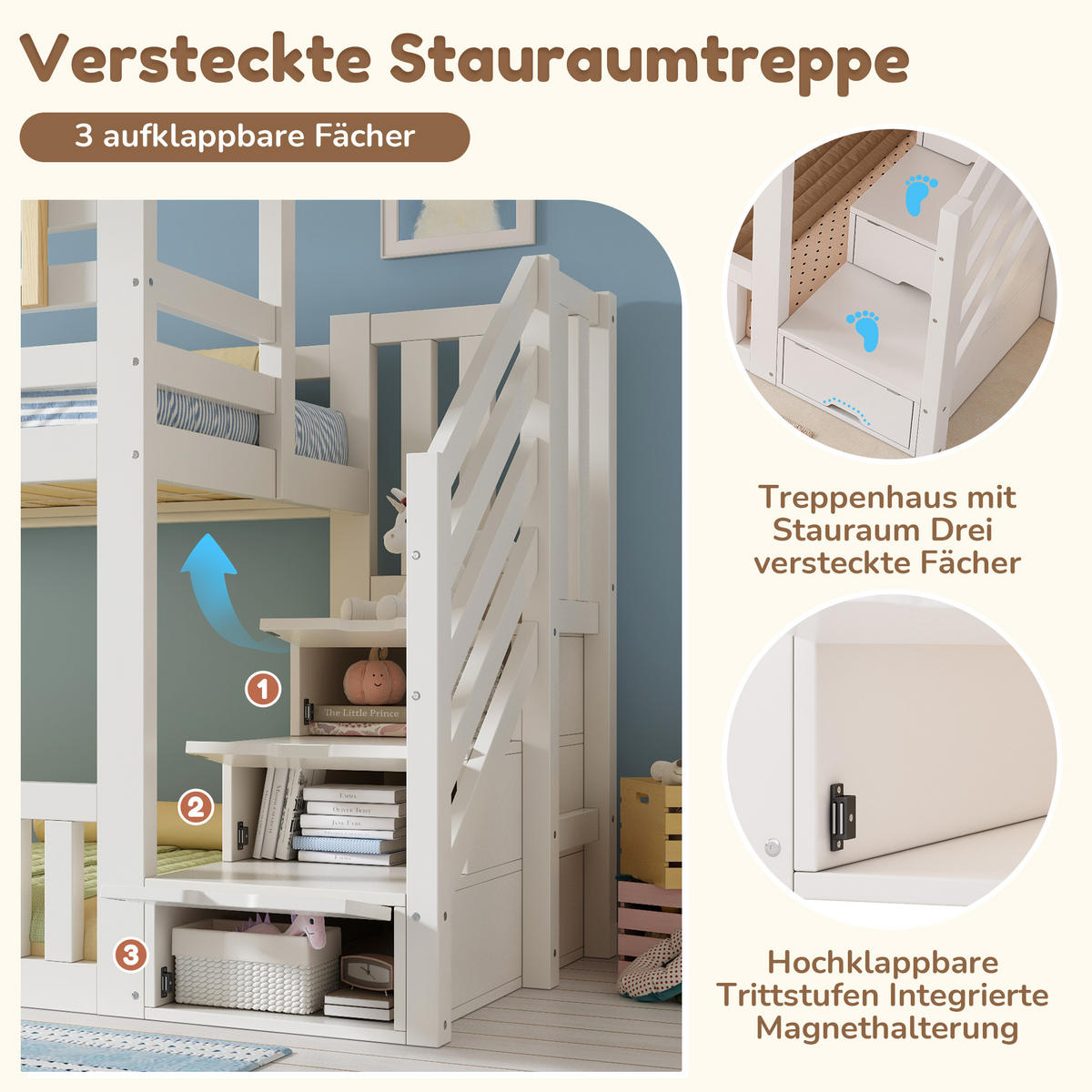 ETAGENBETT 90/200 cm Weiß mit Holzfenstern und Treppenschrank - Weiß, Holz (90/200cm) - Oxeza