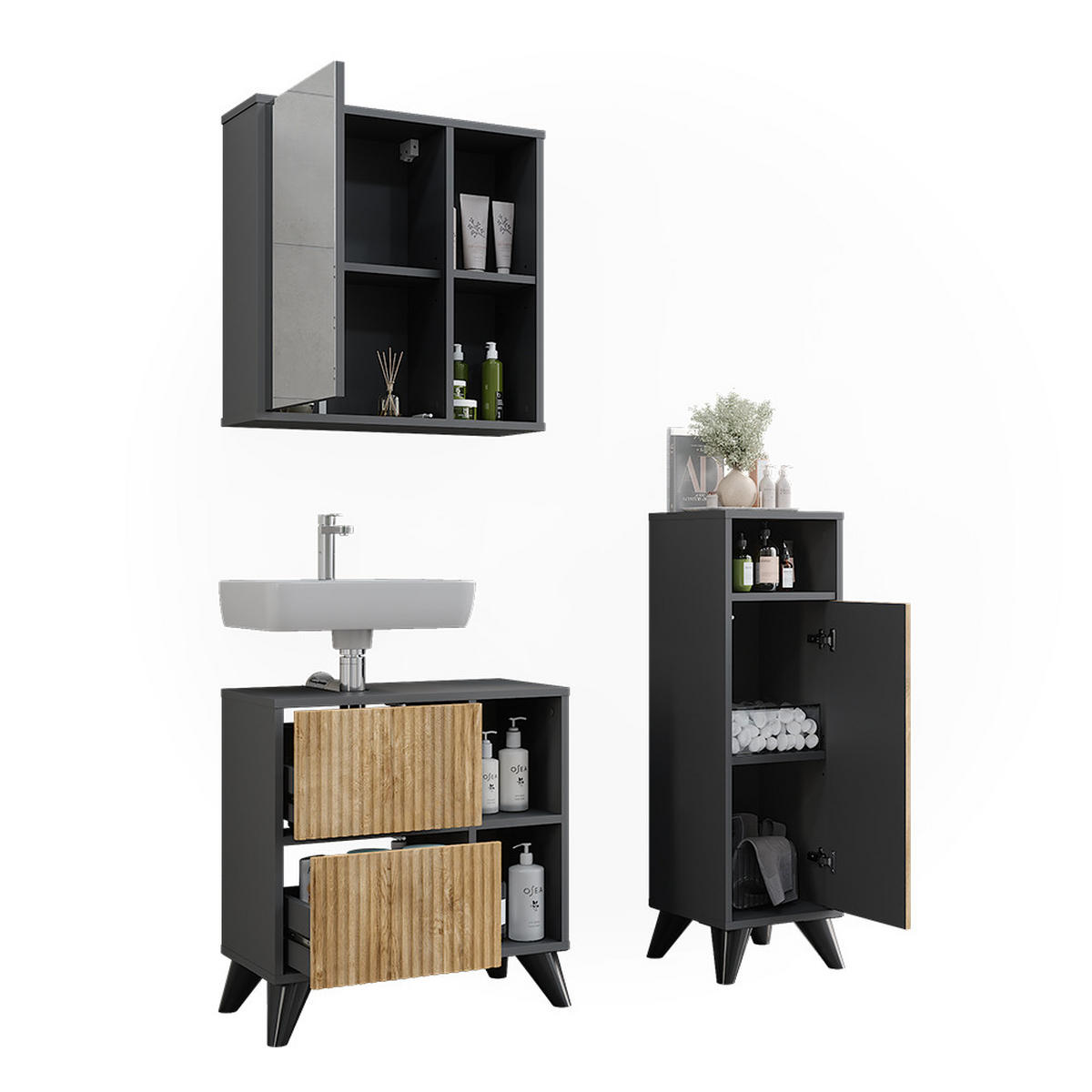 BADMÖBEL-SET Leano Anthrazit/Bergeiche 3 Teile - Eichefarben/Anthrazit, Holzwerkstoff (60/62/30cm) - Vicco