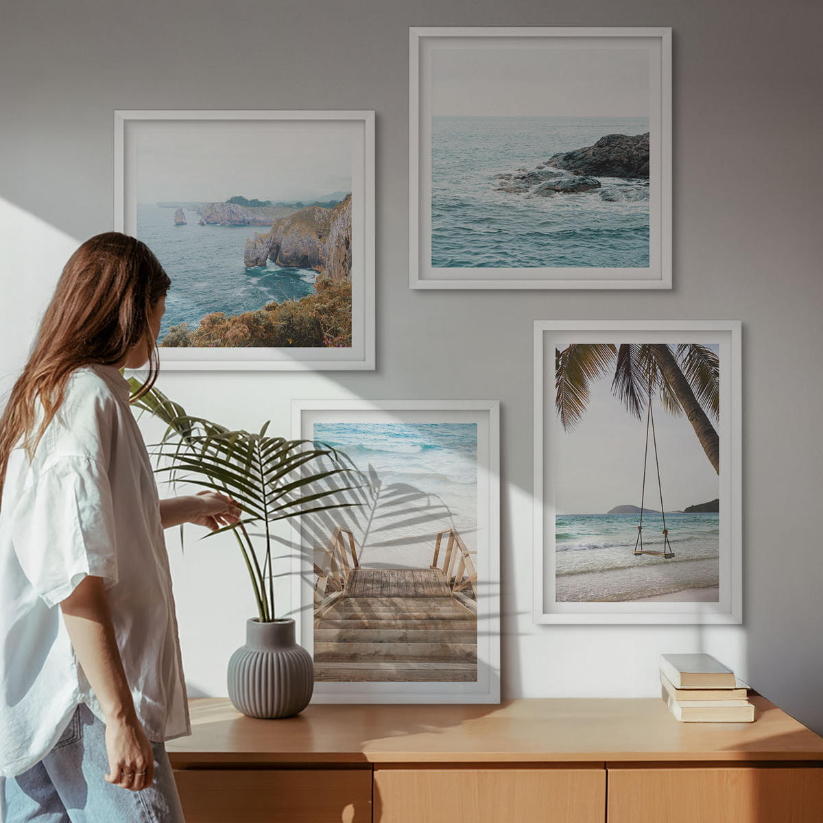 BILDER SET 4er Set - 50x50 cm & 40x60 cm Weißer Rahmen - Treppe, Strand, Meerblick, Schaukel - Weiß, Kunststoff (50/50cm) - TULUP