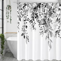 DUSCHVORHANG Schwarz Weiß Eukalyptus Aquarell Blätter Muster 180 x 180 cm mit Haken - Schwarz, Textil (180/180cm) - MCBOSON