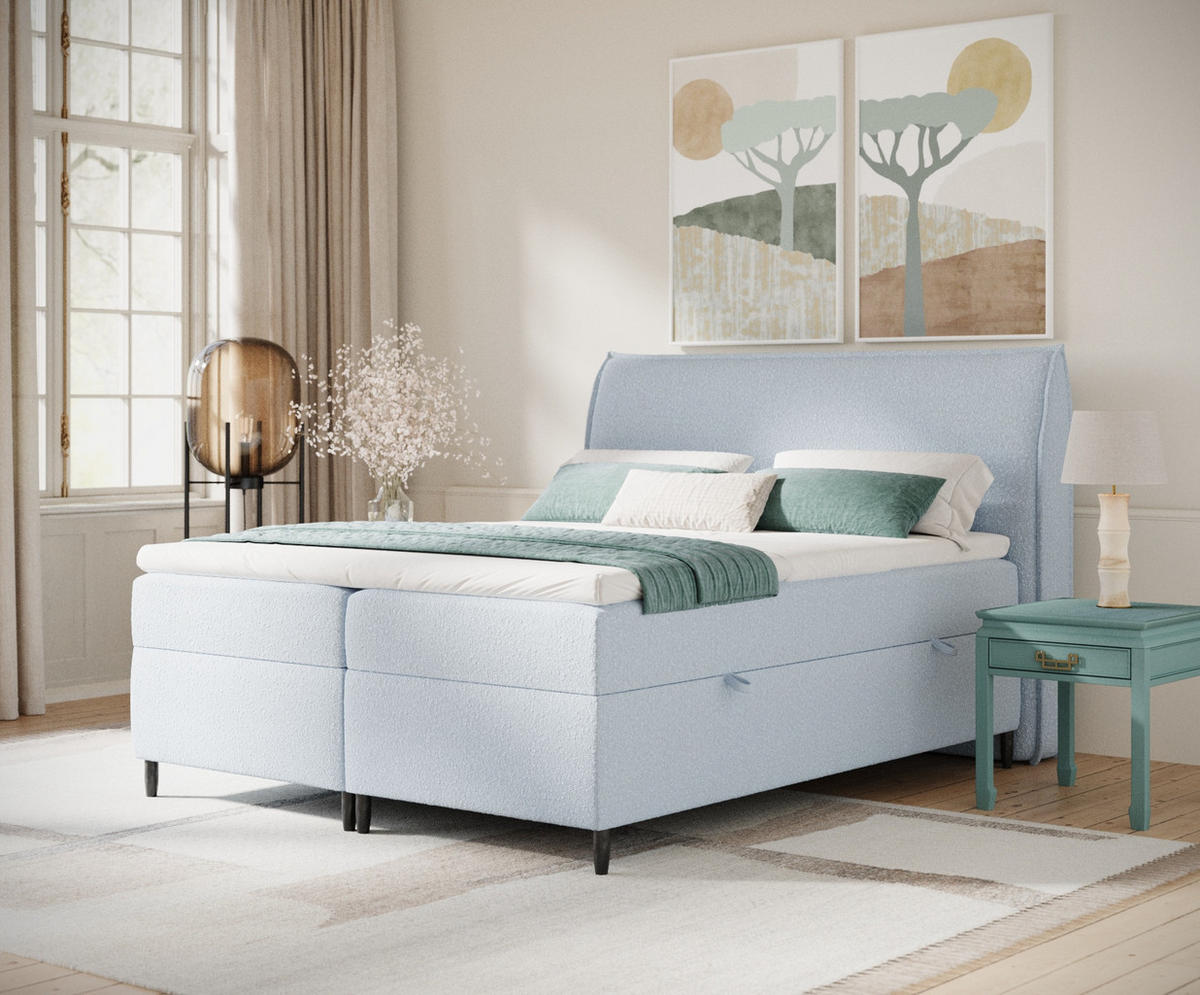 BOXBETT 200/200 cm Corvus, in Pastellblau, Matratze, Topper, Bettkasten, H4 = sehr fest - Pastellblau/Schwarz, Holz/Holzwerkstoff (200/200cm) - Maison de Reve