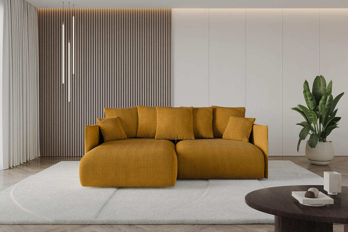 ECKSOFA mit Schlaffunktion und Bettkasten ONESK-L 208x165x40 Senfgelb Cord - Currygelb, Holzwerkstoff/Kunststoff (208/165cm) - ALTDECOR
