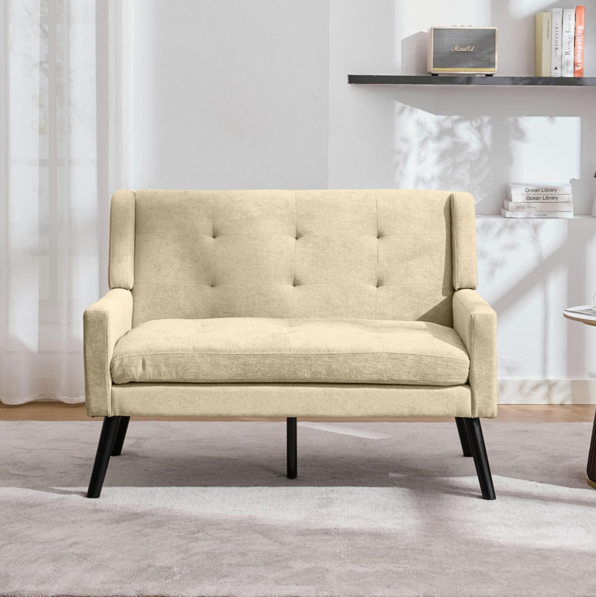 LAVICE béžová z čalounění s masivními dřevěnými nohami a prošíváním - béžová, textil (75/88/119cm) - OKWISH