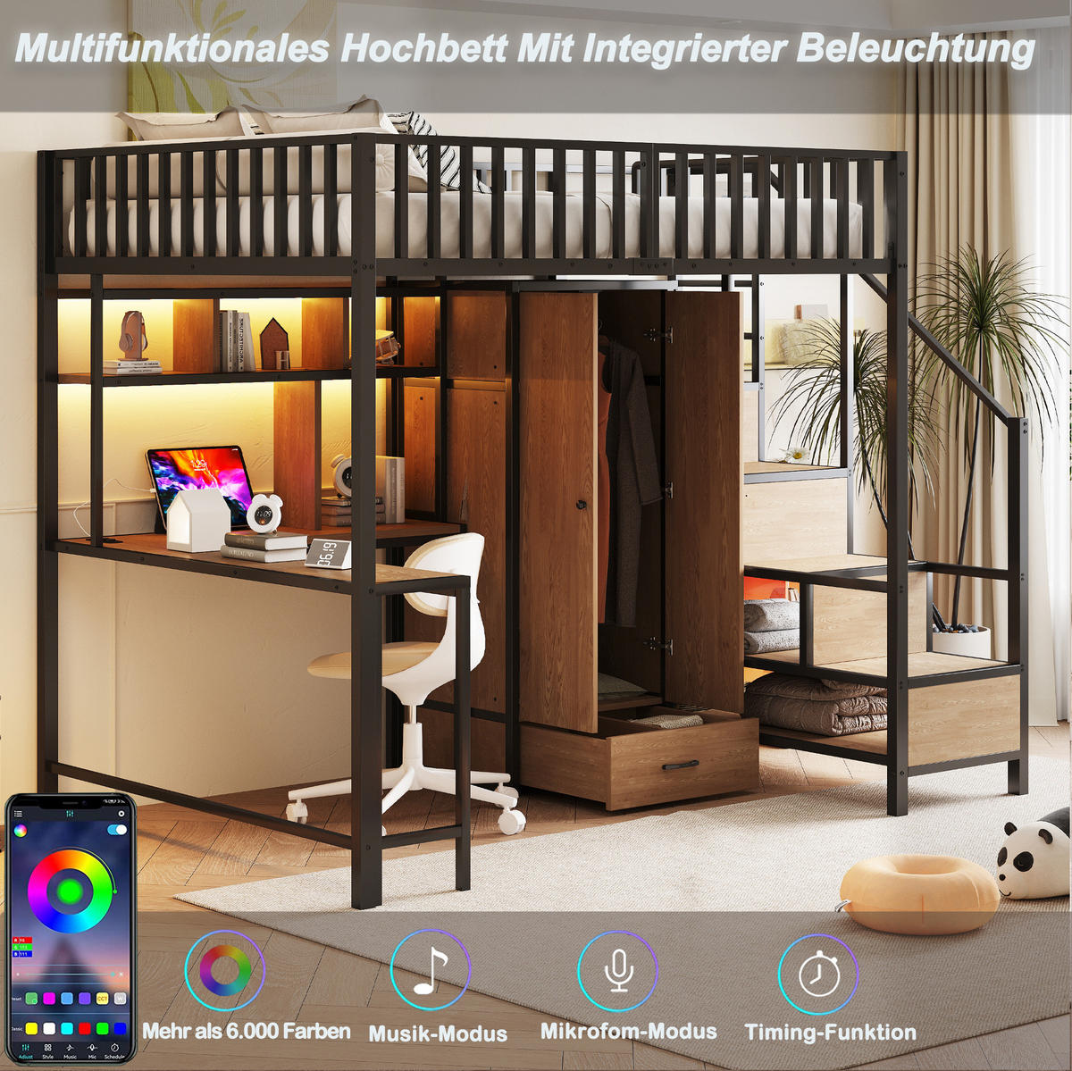 HOCHBETT 140/200 cm Schwarz aus Metall mit Schreibtisch und Stauraum - Schwarz, Metall (140/200cm) - OKMYHOME