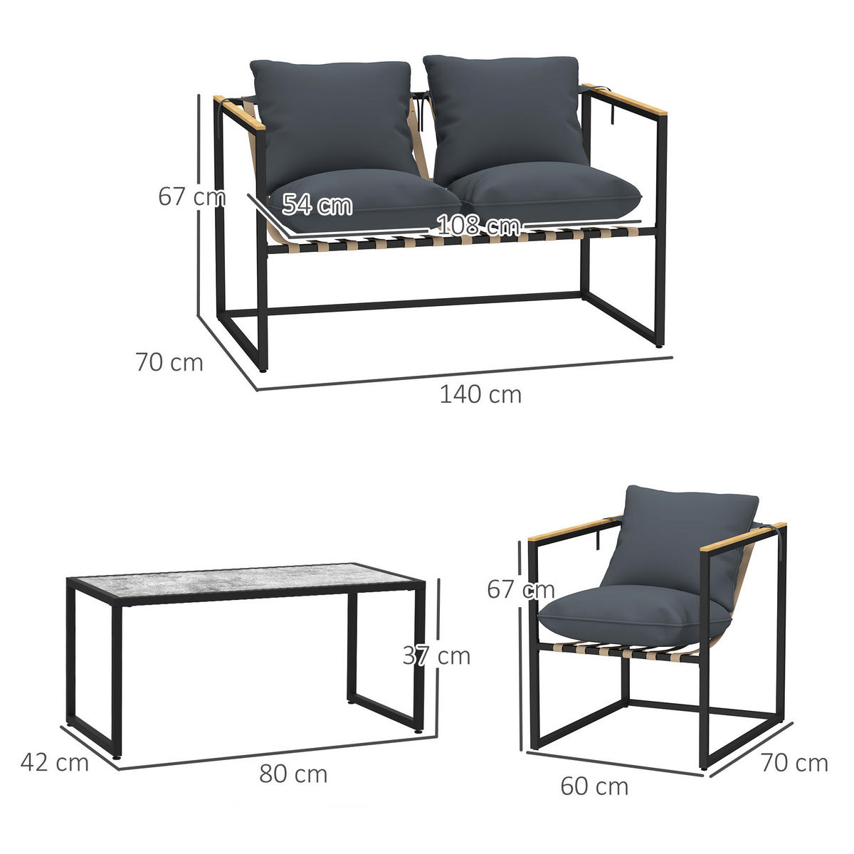 GARTENMÖBEL-SET 4 Personen Grau - Grau, Metall - Outsunny