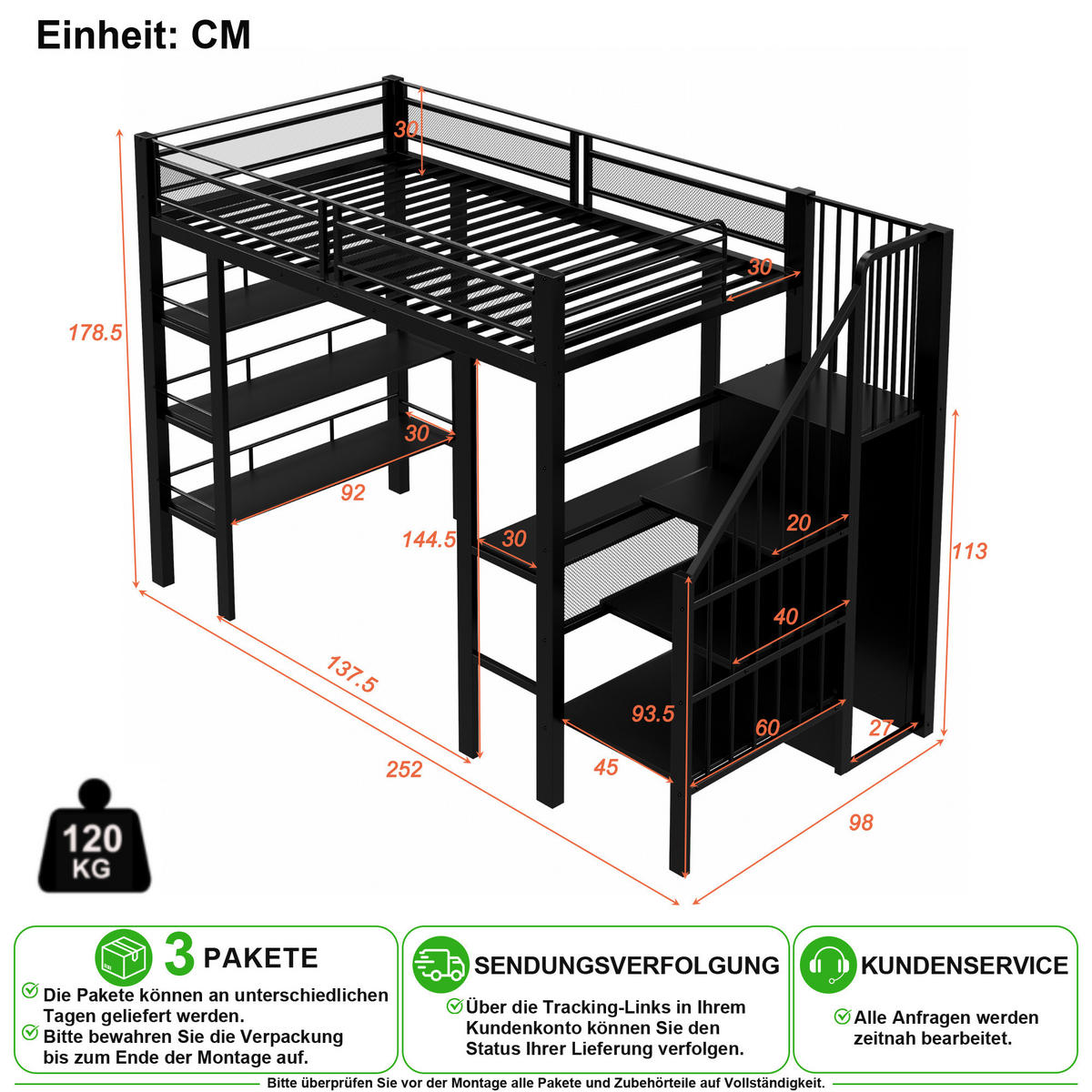 HOCHBETT 90/200 cm in Schwarz mit Regal, Schreibtisch, LED und Steckdose - Schwarz, Holzwerkstoff/Metall (90/200cm) - CHICFURN