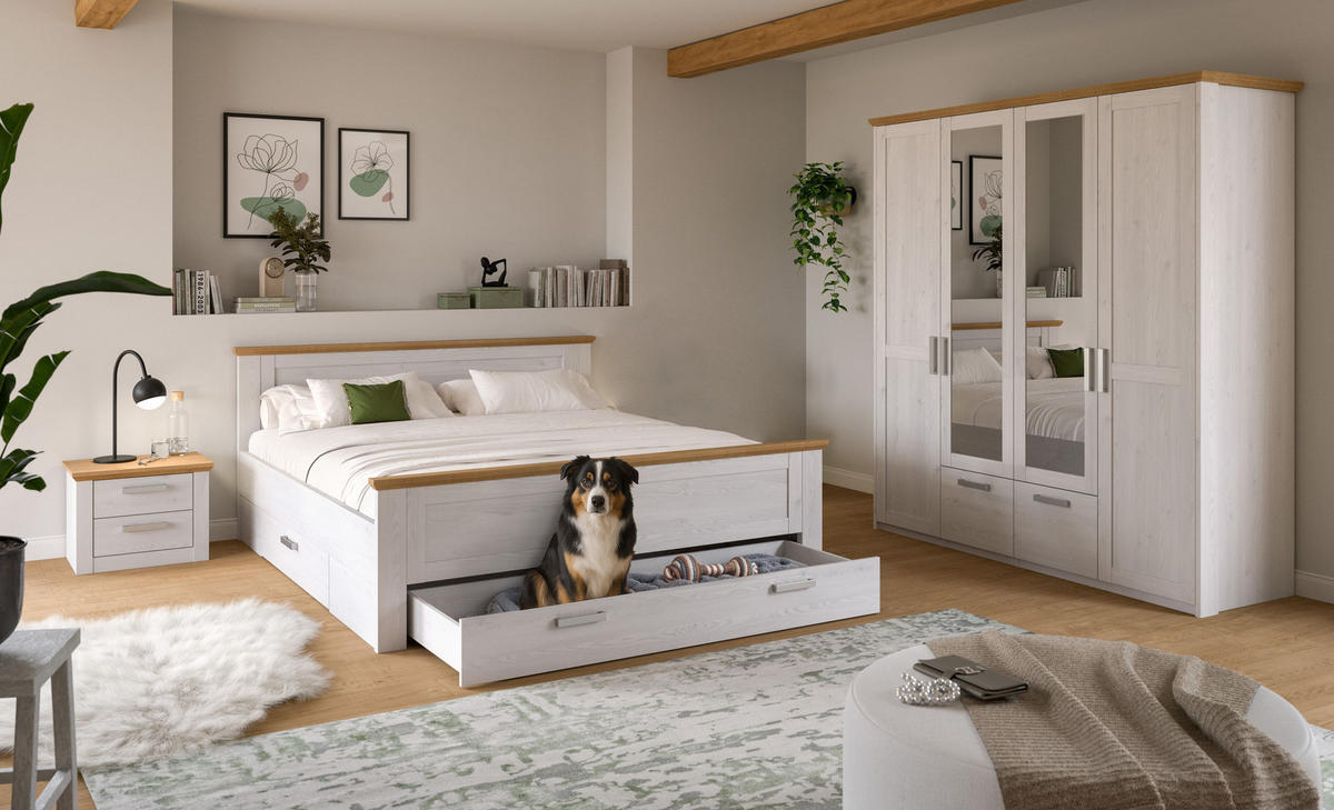 BETTANLAGE mit Kleiderschrank VERONA Bett (180 x 200 cm) in Sibiu Lärche Nachbildung - Lärchefarben, Holzwerkstoff - Homes & Jones