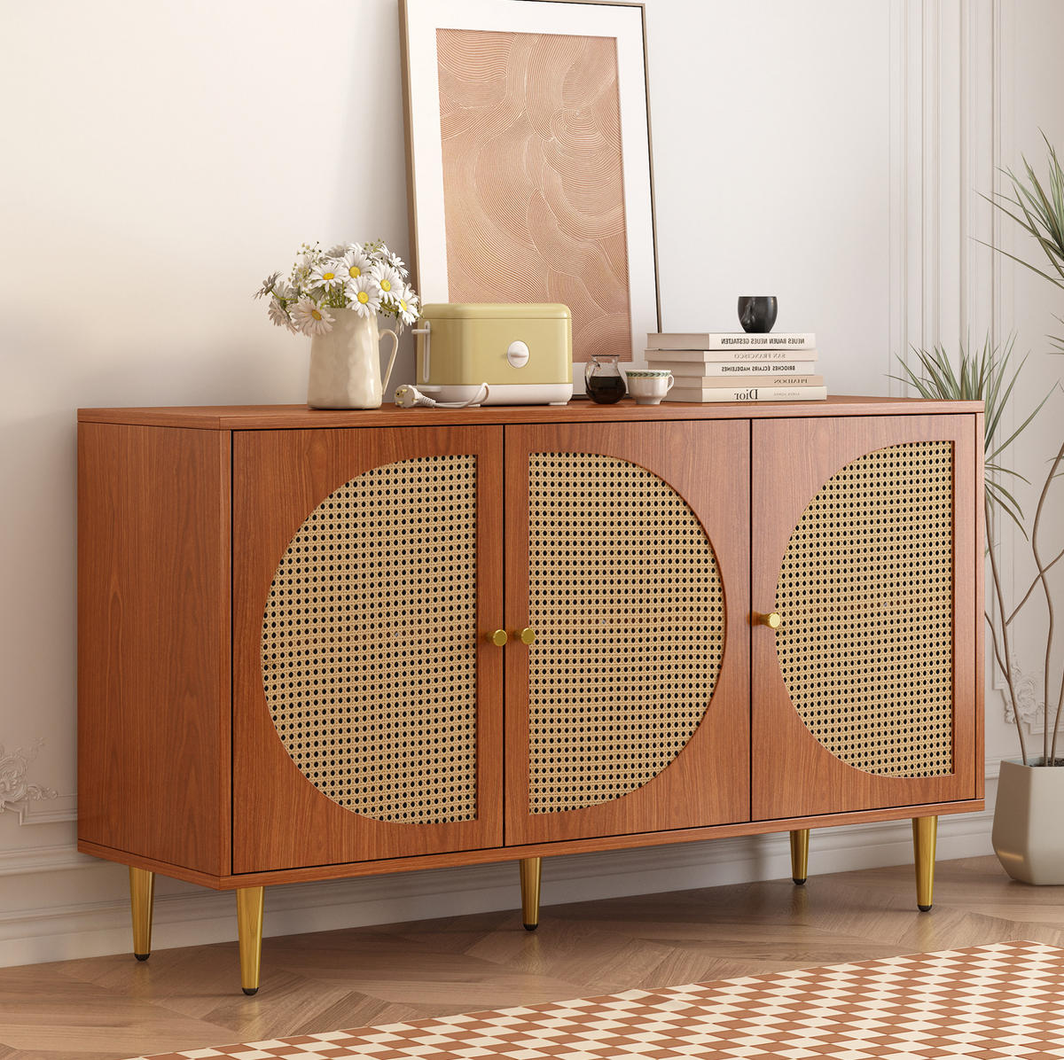 SIDEBOARD mit 3 Rattan-Türen und verstellbaren Einlegeböden, 129,8/40/76 cm, Walnussoptik - Walnussfarben, Holzwerkstoff (129.8/76/40cm) - Redom
