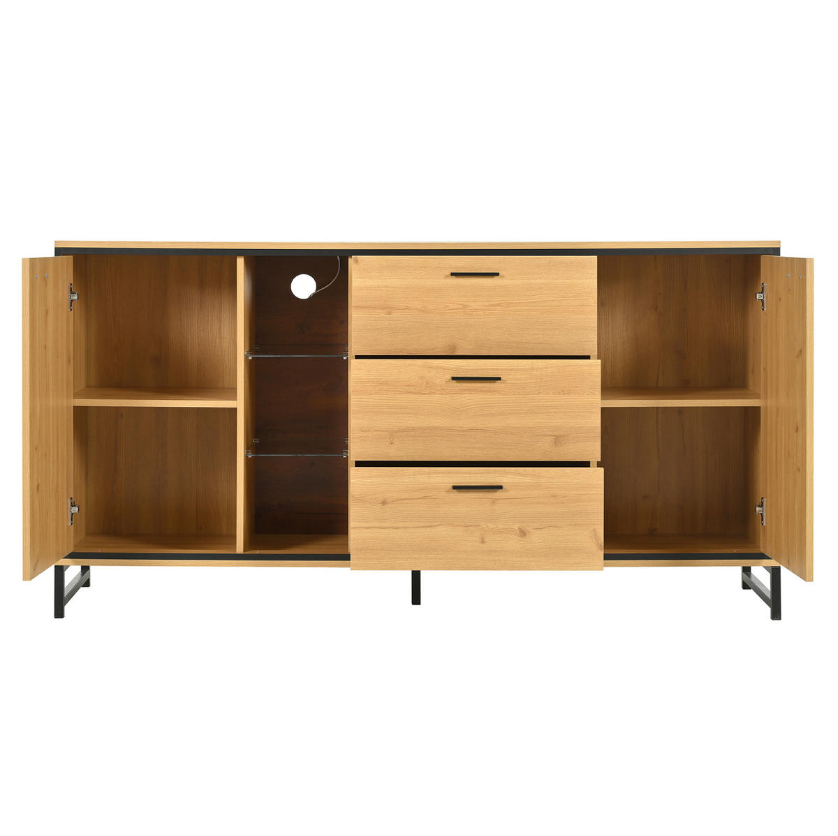 SIDEBOARD 160/40/85 cm mit 3 Schubladen, LED-Beleuchtung & Glas-Elementen - Naturfarben, Holzwerkstoff (160/85/40cm) - BEAOK