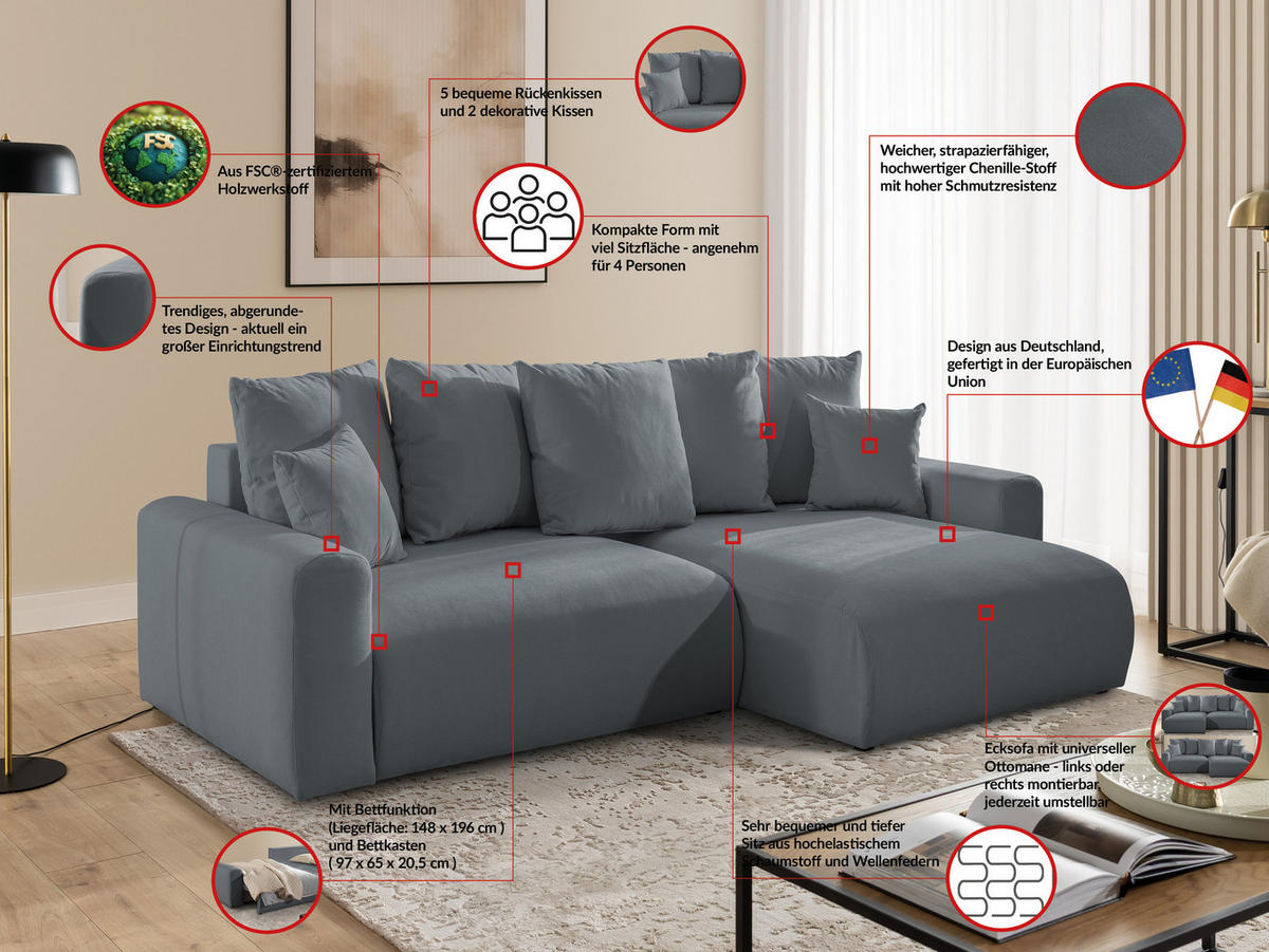 ECKSOFA Calma mit Schlaffunktion und Bettkasten im Bumpy-Design aus weichem Dunkelgrau Webstoff - Ottomane rechts - Dunkelgrau/Schwarz, Holz/Kunststoff (140/239cm) - S-Style