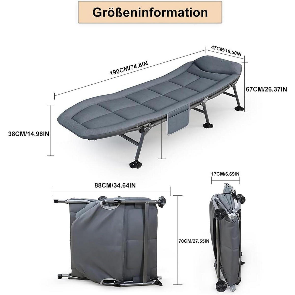 GARTENLIEGE klappbar mit Auflage 190 x 67 cm - Grau, Textil (190/38/67cm)