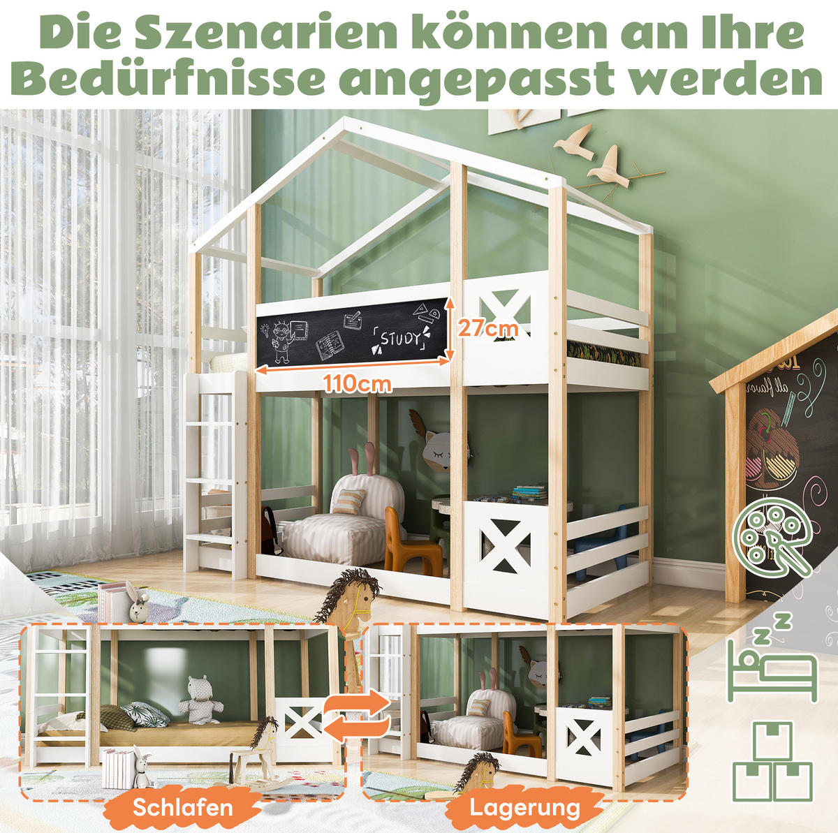 ETAGENBETT aus Kiefer-Massivholz und MDF 90x200 cm Weiß mit Leiter, Tafel und 2 Lattenrosten - Weiß, Holz (90/200cm) - IVMEU