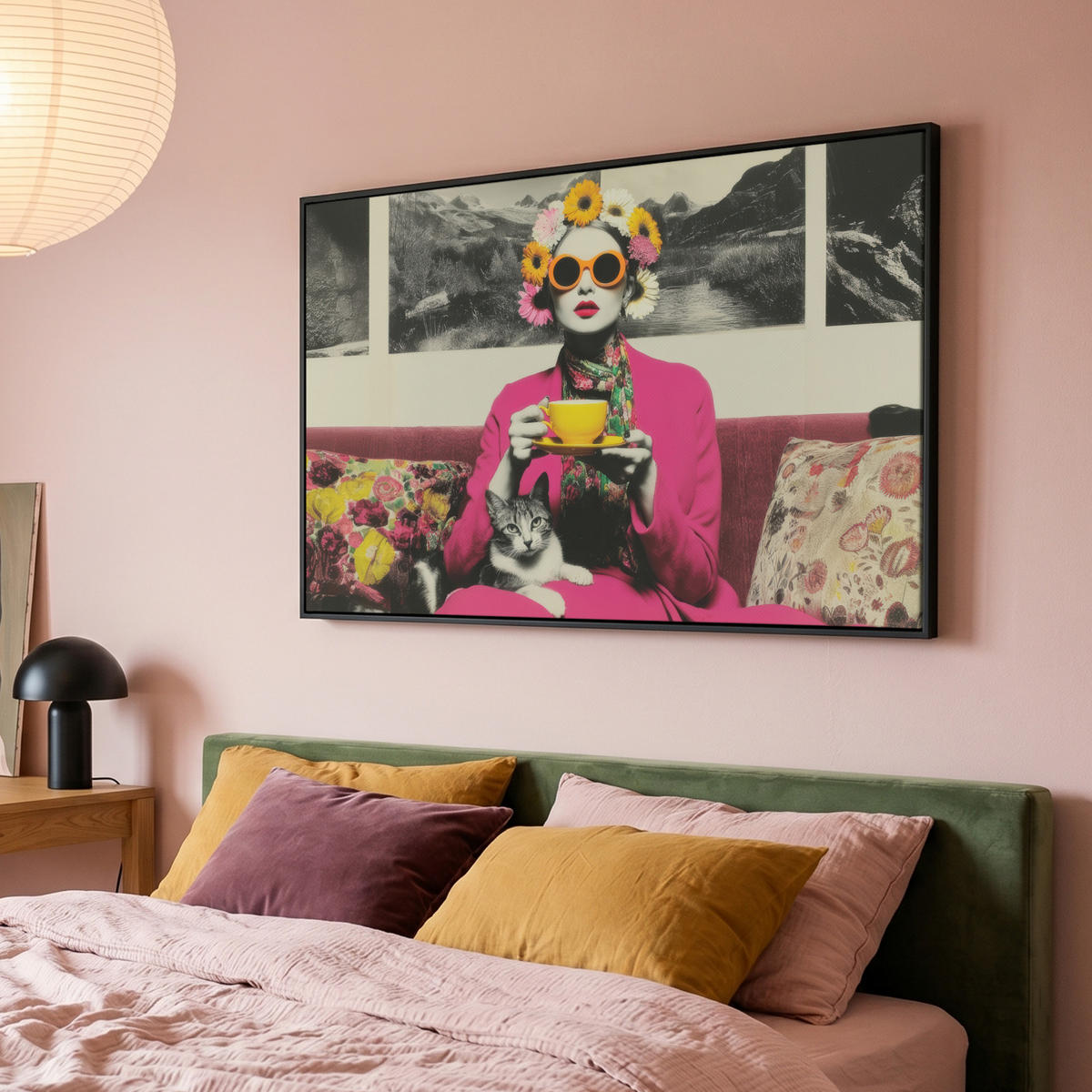 LEINWAND Bilder mit Rahmen - Frau - Katze - Blumen - Tasse - Retro - 150x100 - Magenta, Textil (150/100cm) - MuchoWow