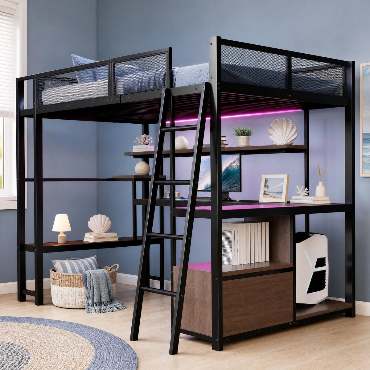 HOCHBETT 140/200 mit Schreibtisch, LED und Stauraum in Schwarz - Schwarz, Holzwerkstoff/Metall (140/200cm) - EVRYAE