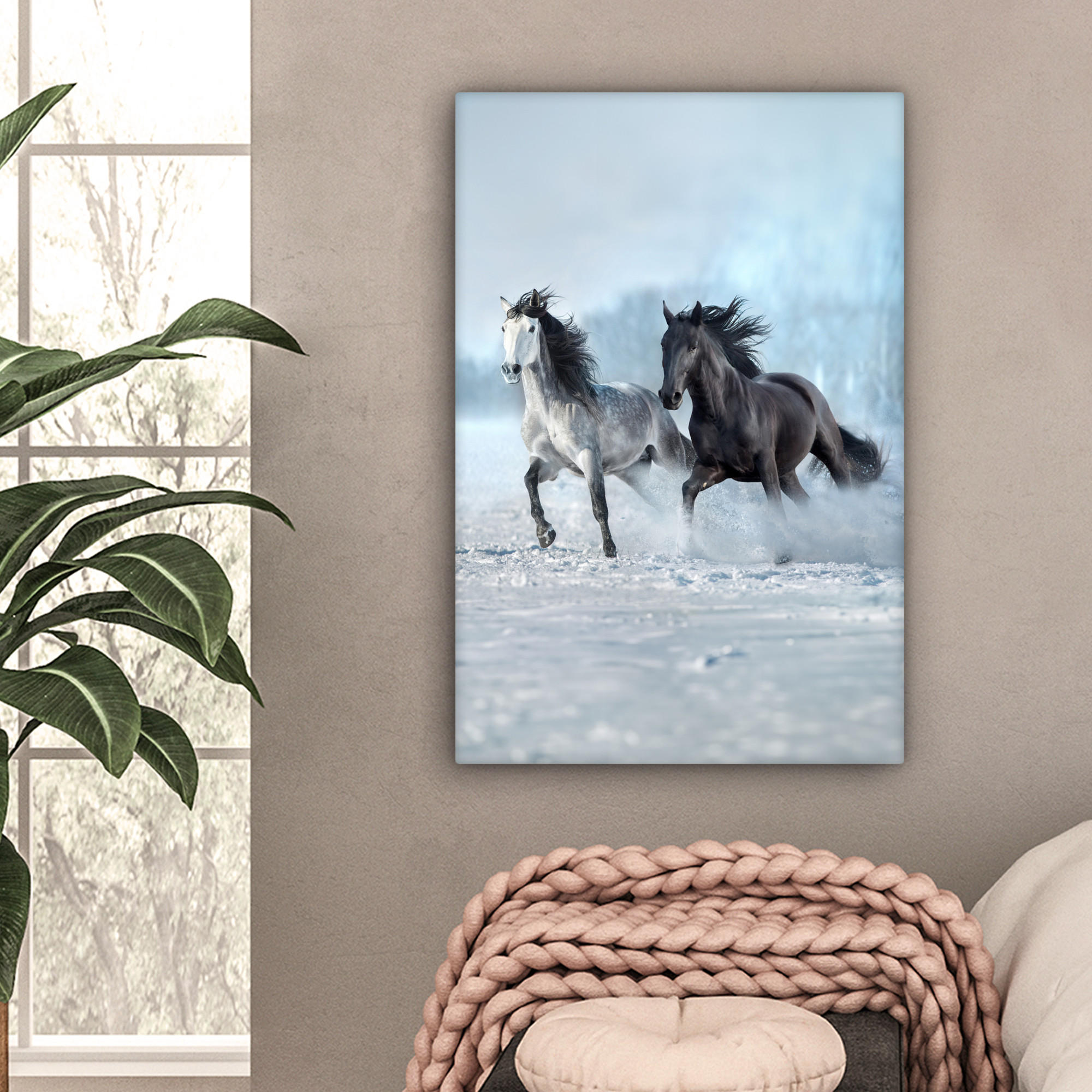 LEINWANDBILD Pferde - Winter - Tiere - Natur - Schnee 60x90 cm - Anthrazit, Textil (60/90cm) - MuchoWow