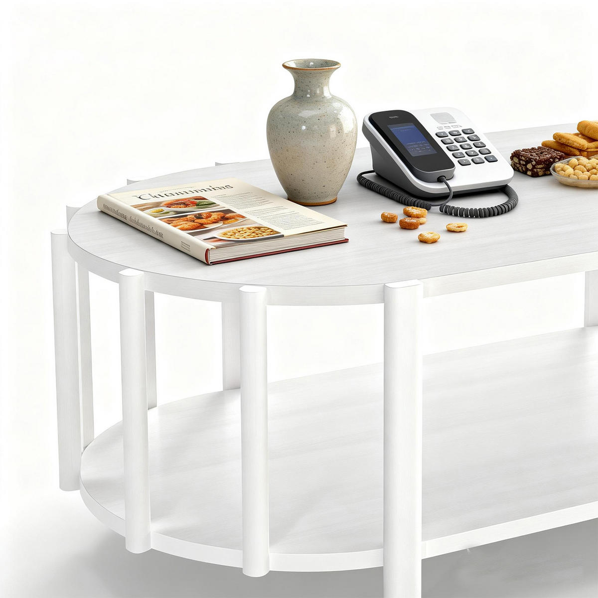 OVALER Couchtisch mit Stauraum – Moderner Wohnzimmertisch in Naturholz-Optik, 119 cm lang, MDF, Weiß - Weiß, Holzwerkstoff (119/60/40cm) - Ej. Life