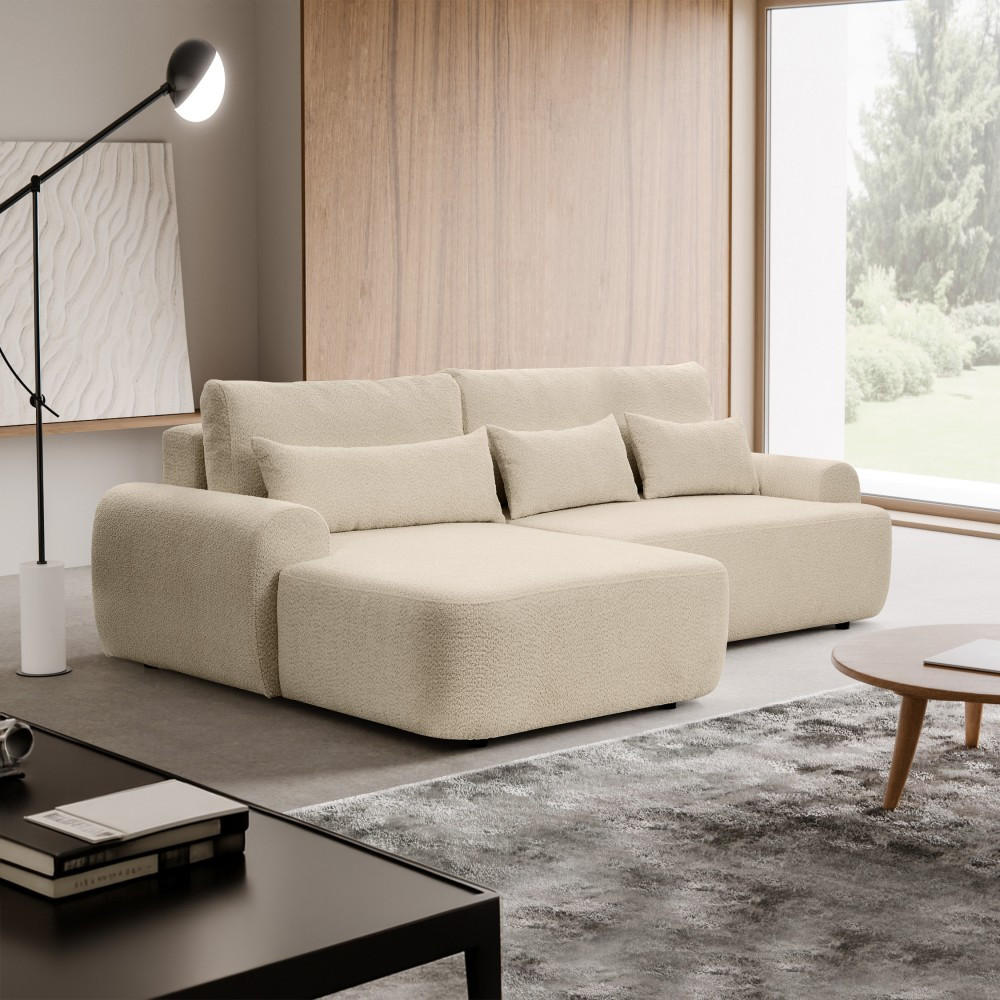 ECKSCHLAFSOFA Oliver im Bouclé-Gewebe, Beige, links - Beige/Schwarz, Textil (266/160cm) - Beautysofa