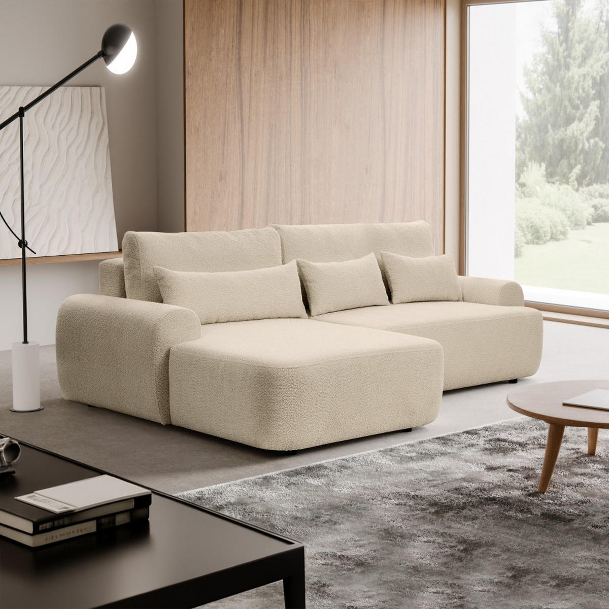 ECKSCHLAFSOFA Oliver im Bouclé-Gewebe, Beige, links - Beige/Schwarz, Textil (266/160cm) - Beautysofa