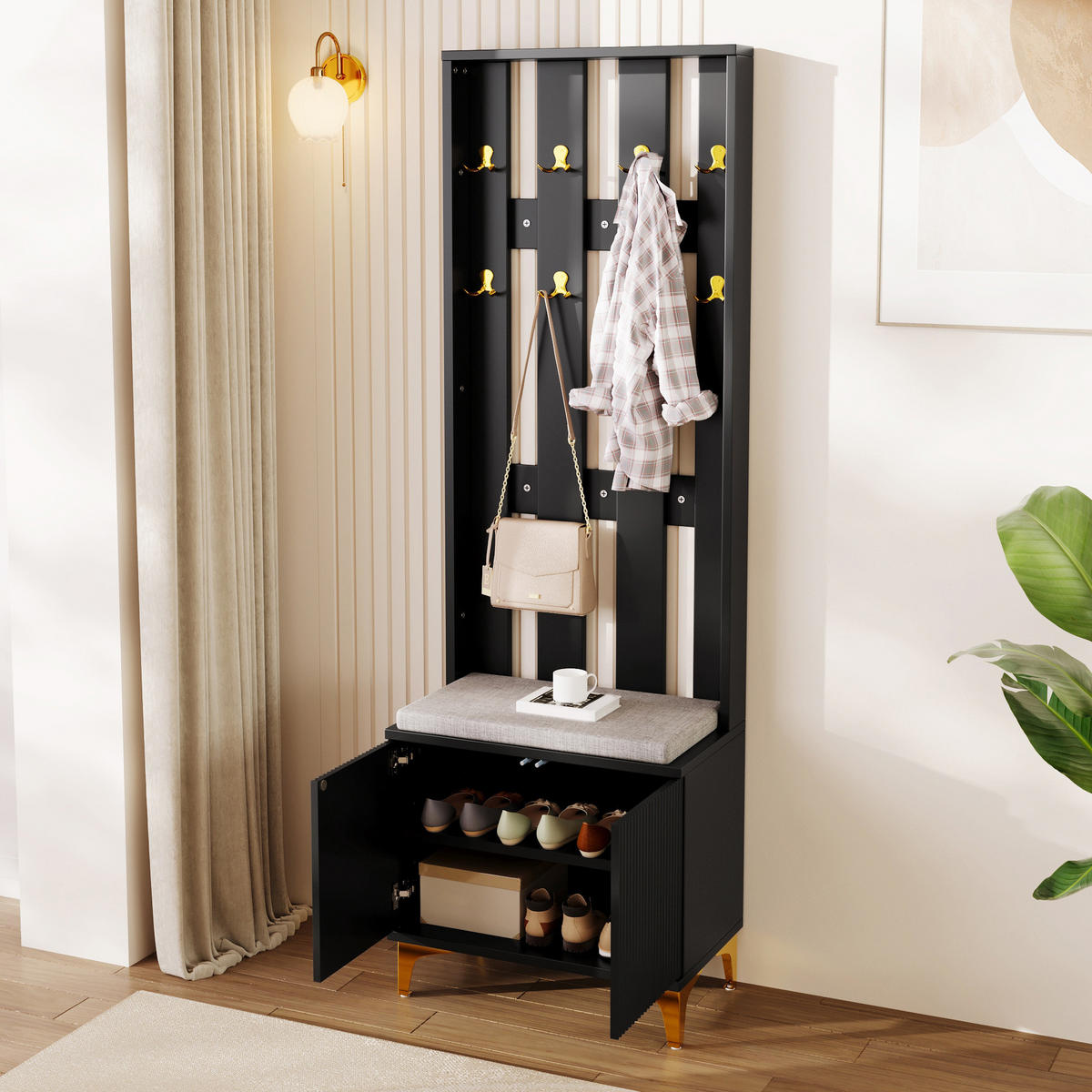 GARDEROBENSET mit Haken und Kissen 60,5 x 180,5 x 35,2 cm Schwarz Gold - Schwarz, Holzwerkstoff (35.2/180.5/60.5cm) - Beauniv