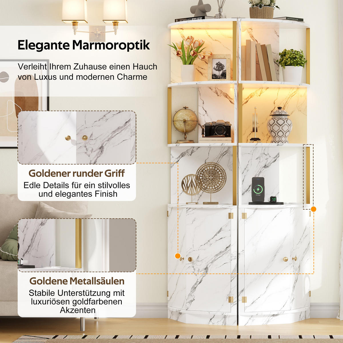 MEHRZWECKSCHRANK DE-38762 38/38/180 cm LED-Beleuchtung und 2 Türen Marmoroptik/Gold - Weiß, Holzwerkstoff (38/180/38cm) - ComfortXL