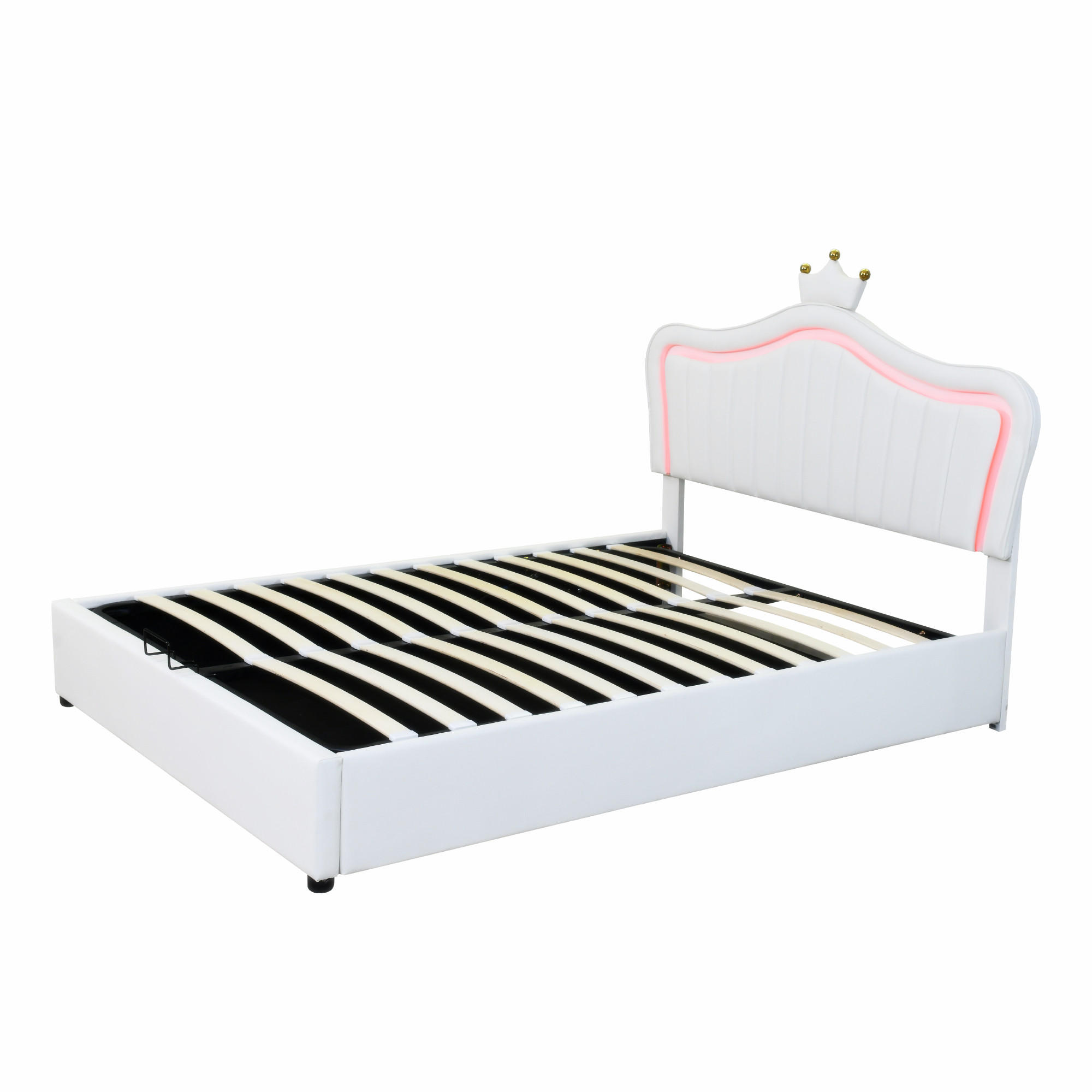 KINDERBETT aus Kunstleder 140x200 cm in Weiß mit LED & Stauraum - Weiß, Leder (140/200cm) - Modfu