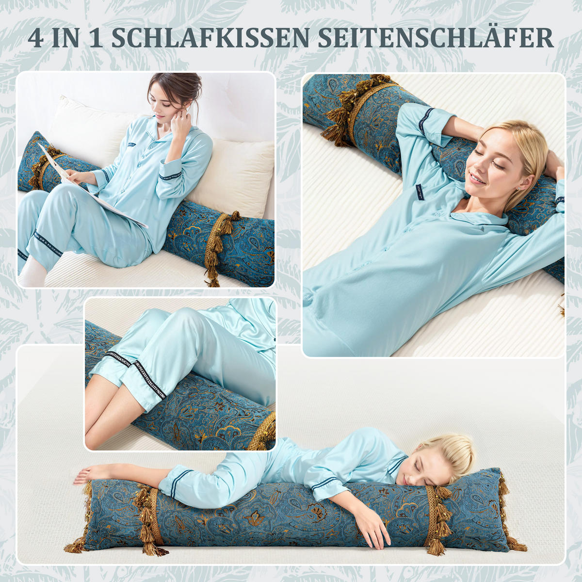 NACHTTISCHKISSEN Golden Flower Türkis 60*140cm 3er-set - Türkis, Textil (15/140cm) - Vercart