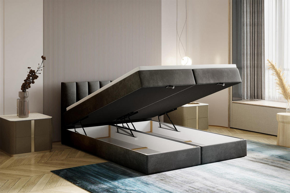 BOXBETT 140 x 200 cm mit Bonellmatratze H3, CITY, Elegant gestepptes Kopfteil und Topper 5cm, Bettkasten, Dunkelgrau - Dunkelgrau, Holzwerkstoff/Kunststoff (140/200cm) - Trada