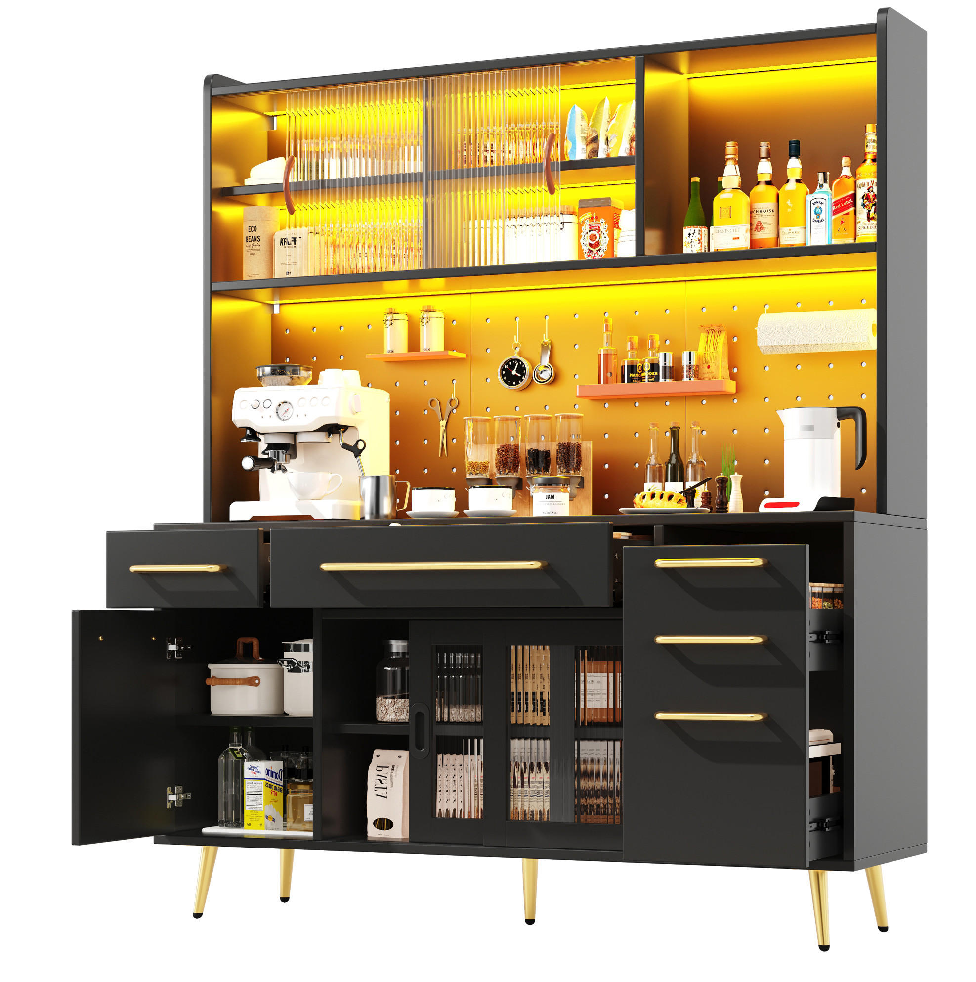 SIDEBOARD z MDF a skla, 145/39/171 cm černý, s LED osvětlením - černá, kompozitní dřevo (145/171/39cm) - Modenvie