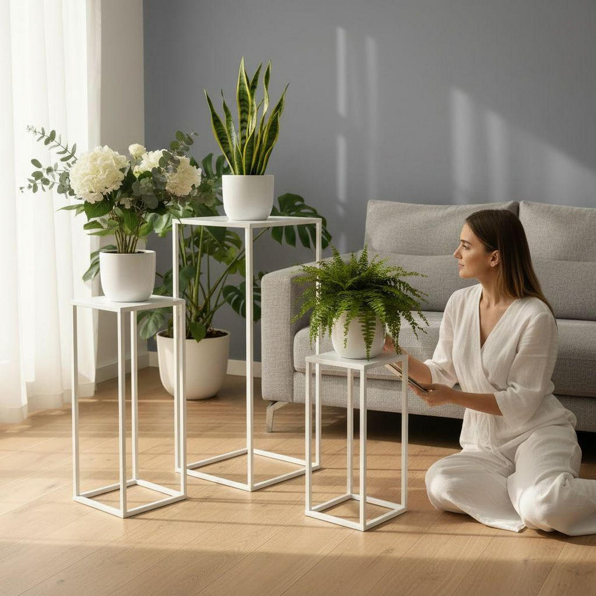 BLUMENHOCKER Metall Weiß Eckig 3er Set - Weiß, Metall (18/50/18cm) - DanDiBo