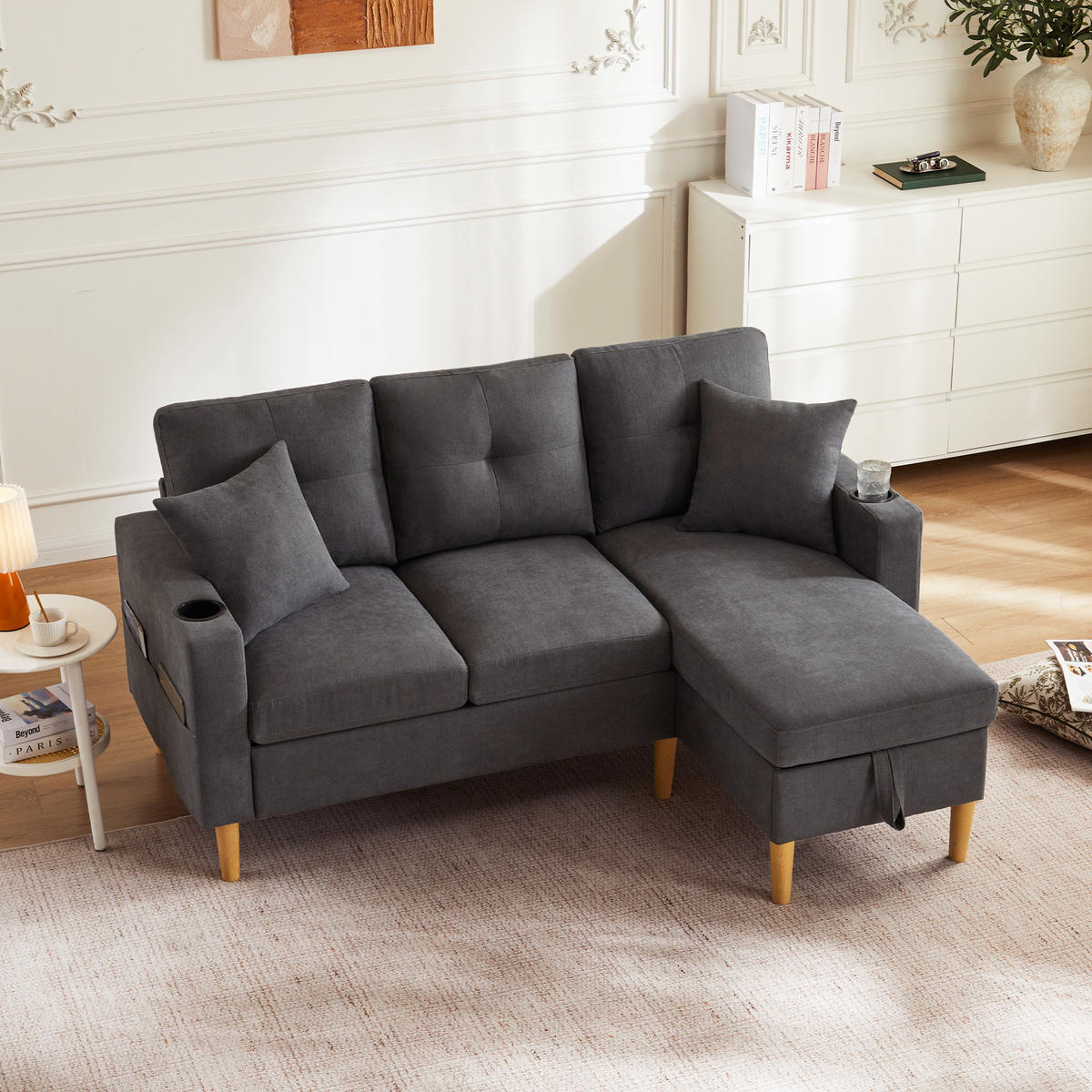 ECKSOFA 175/129/90 cm Dunkelgrau mit Stauraum und Getränkehalter - Dunkelgrau, Textil (175/129cm) - Oxeza