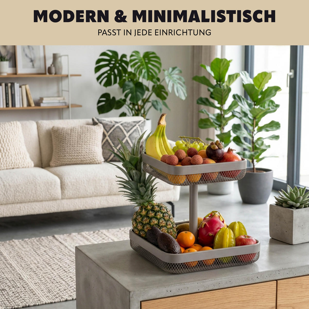 OBSTETAGERE eckig, 2-stöckig, 20 x 20 cm und 30 x 30 cm, taupe, Metall - Taupe, Metall (31cm) - eluno