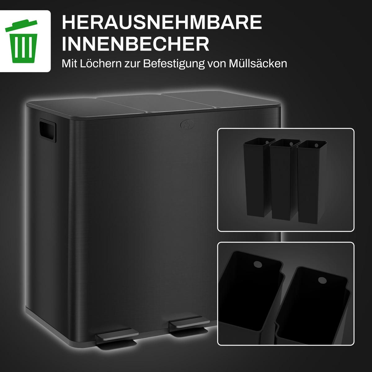 MÜLLEIMER 3 x 15L Treteimer mit Deckel, Fußpedal, Inneneimer, Edelstahl - Schwarz, Metall (36.6/43.2/61.9cm) - HOMCOM