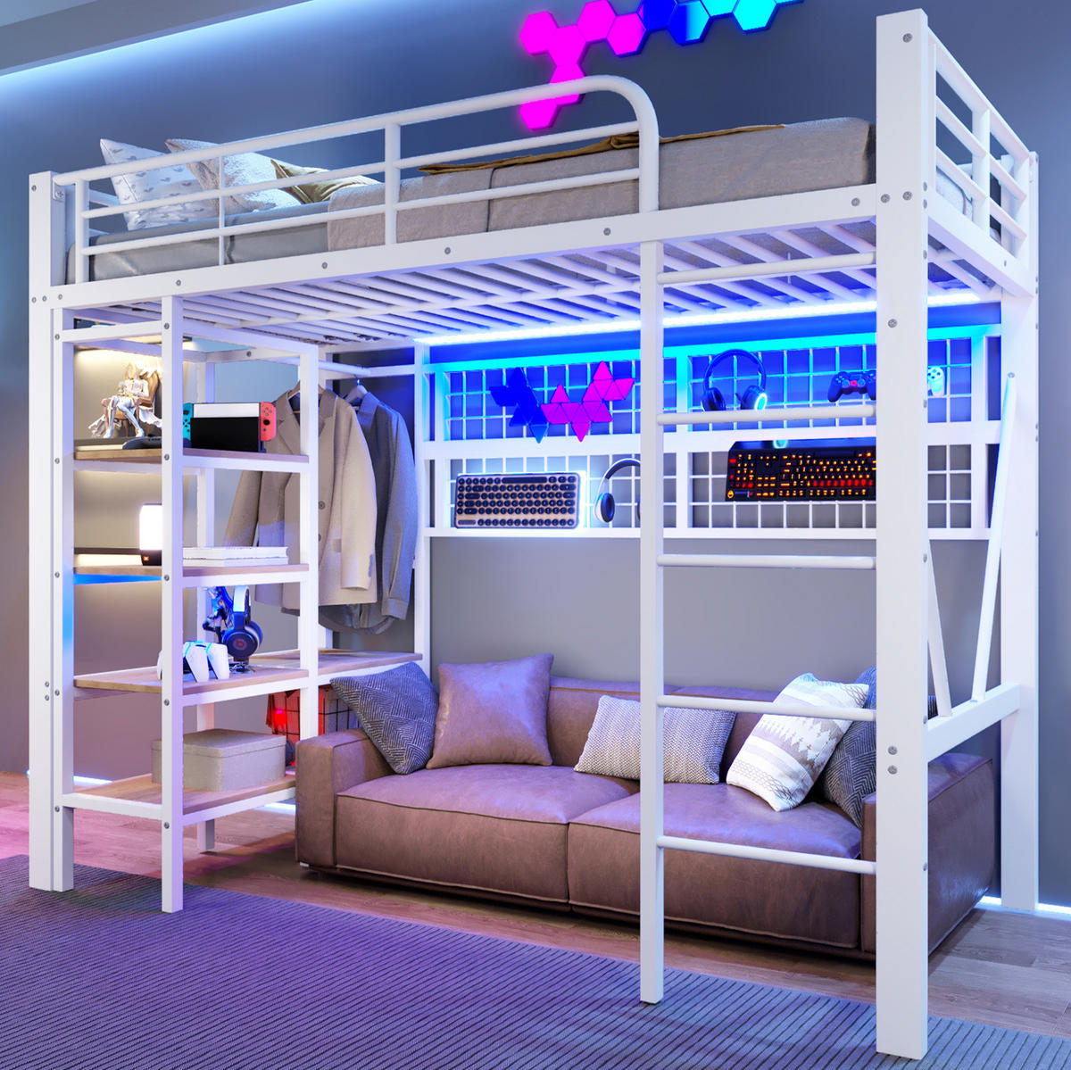 HOCHBETT 90/200 cm weiß aus Metall und MDF mit LED-Stimmungslicht und Kleiderstange - Weiß, Metall (90/200cm) - OKWISH