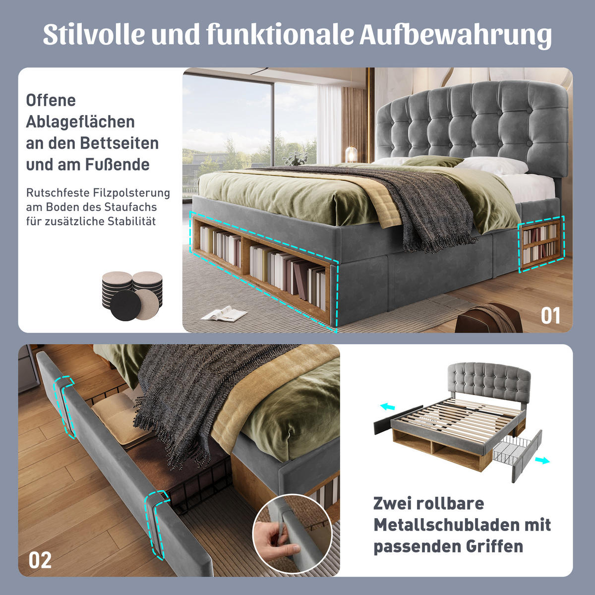 POLSTERBETT 140/190 cm in Grau Samt mit Schubladen, Stauraum und verstellbarem Kopfteil - Grau, Holzwerkstoff/Textil (140/190cm) - STILVORA