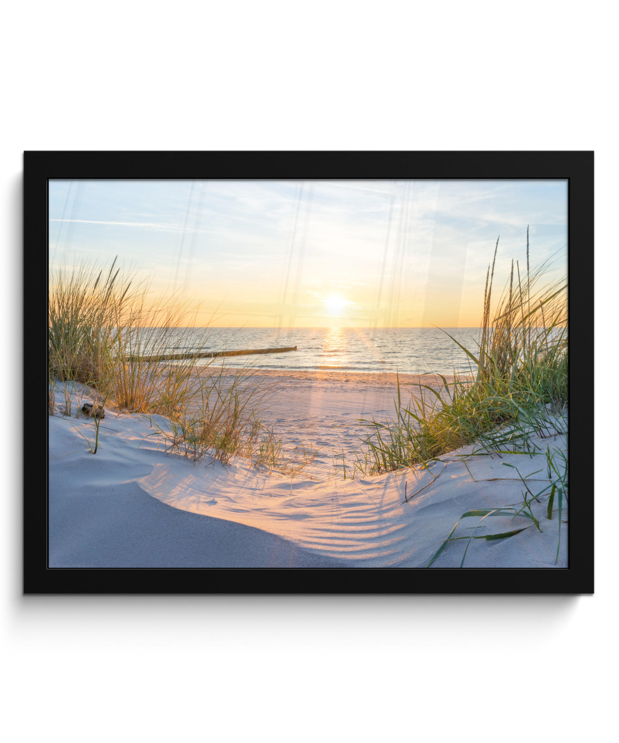 POSTER MIT RAHMEN Strand - Sonne - Düne - Gras - Sand - Horizont 40x30 cm - Hellblau, Papier (40/30cm) - MuchoWow