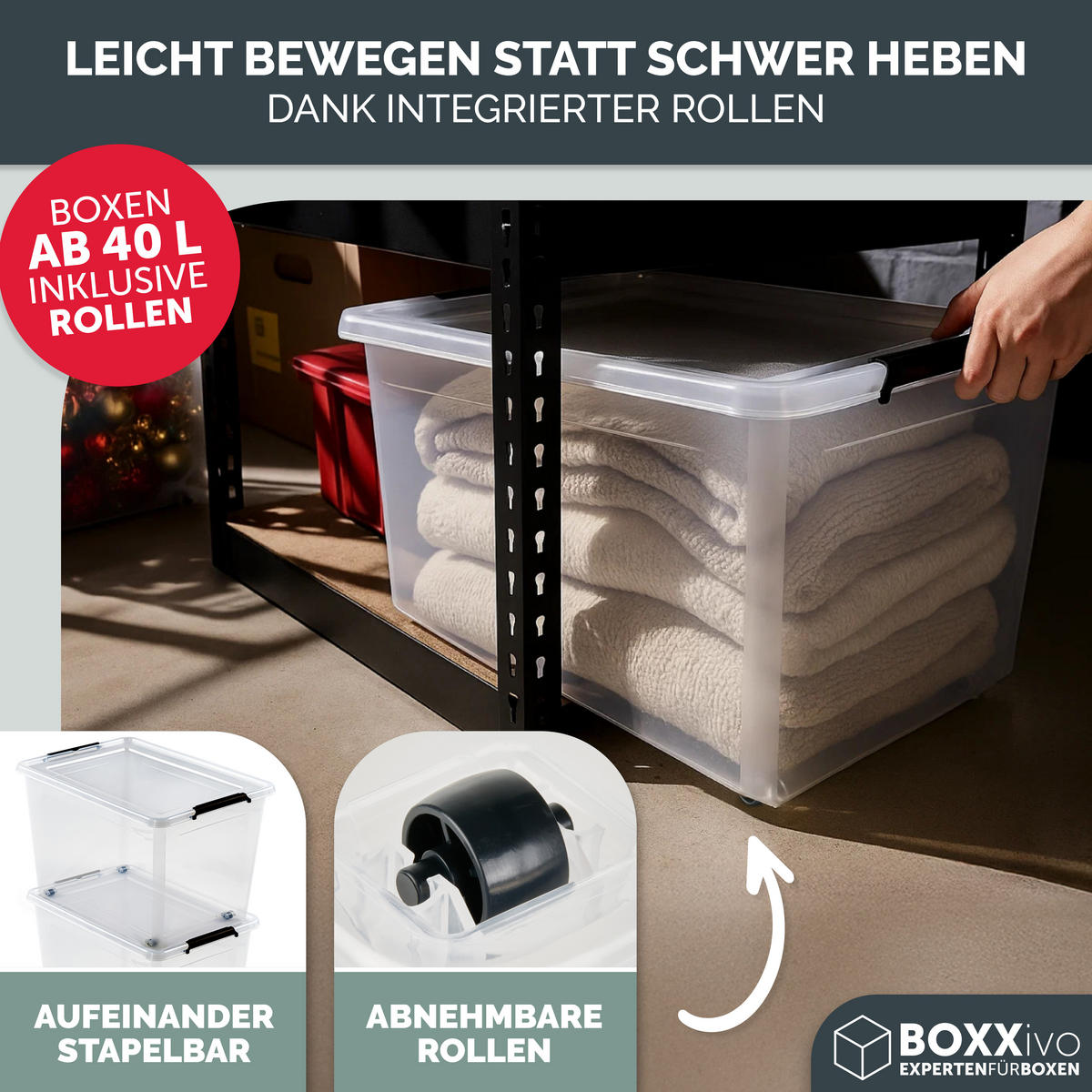 AUFBEWAHRUNGSBOXEN mit Deckel 32l im 4er Set - Transparent, Kunststoff (39/26.5/39cm) - BOXXivo