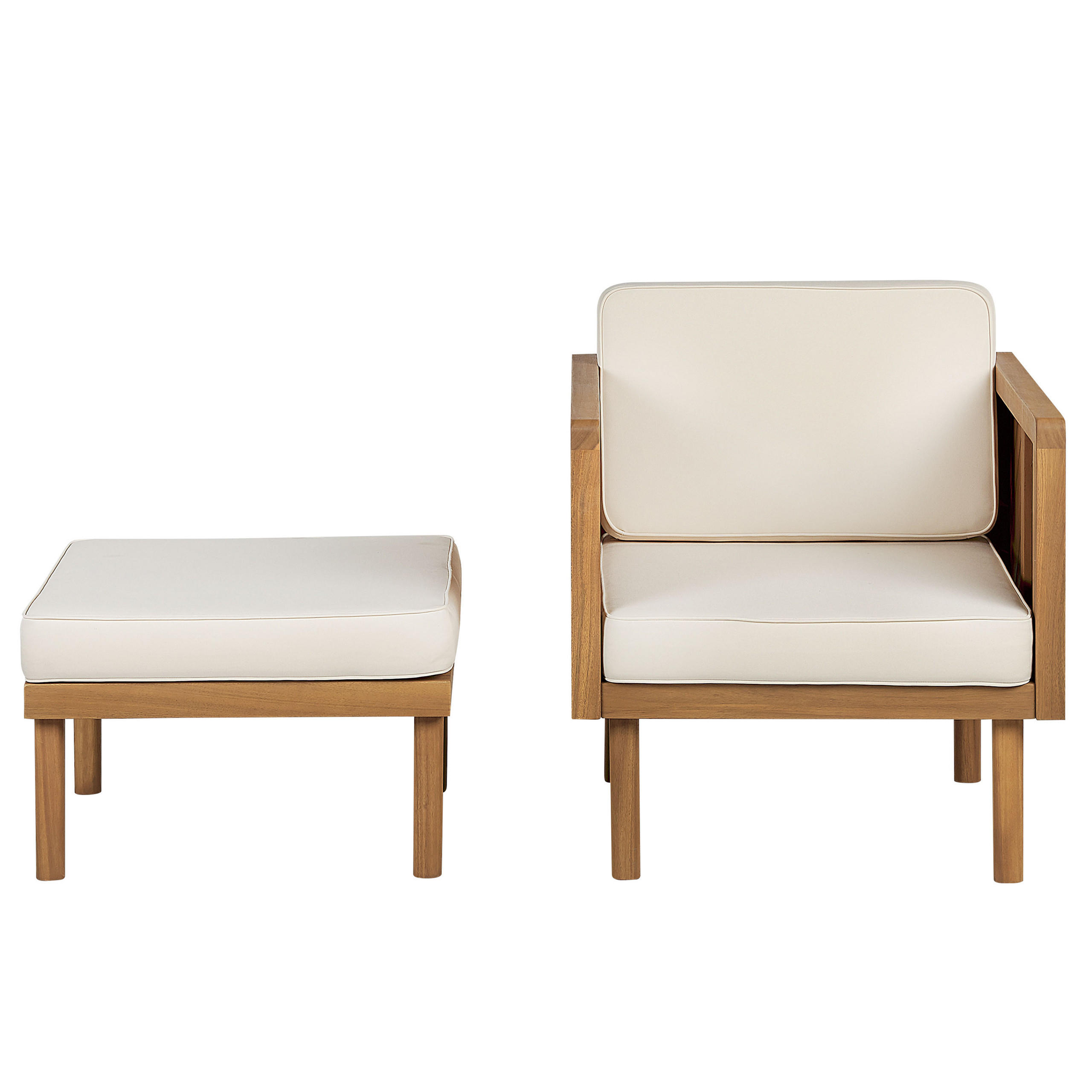 GARTENSESSEL Akazienholz hellbraun Auflagen creme mit Ottomane Baratti - Hellbraun/Beige, Holz (65/76/65cm) - Beliani