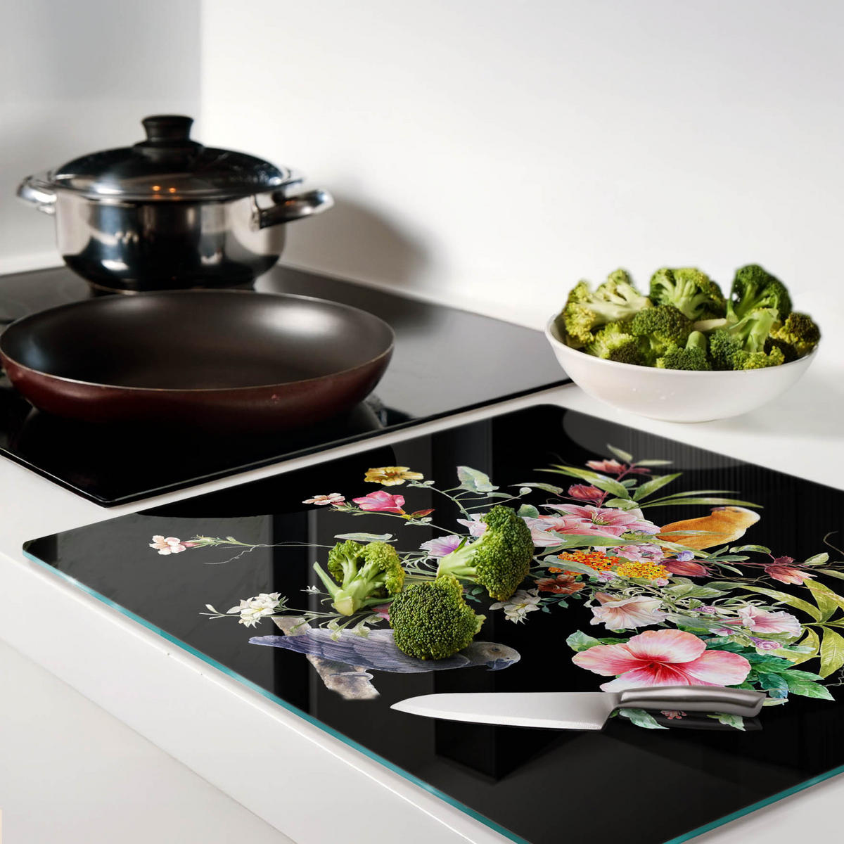 GLASPLATTE 60x52 cm Blumen und Vögel - Multicolor, Glas (60/0.4/52cm) - TULUP