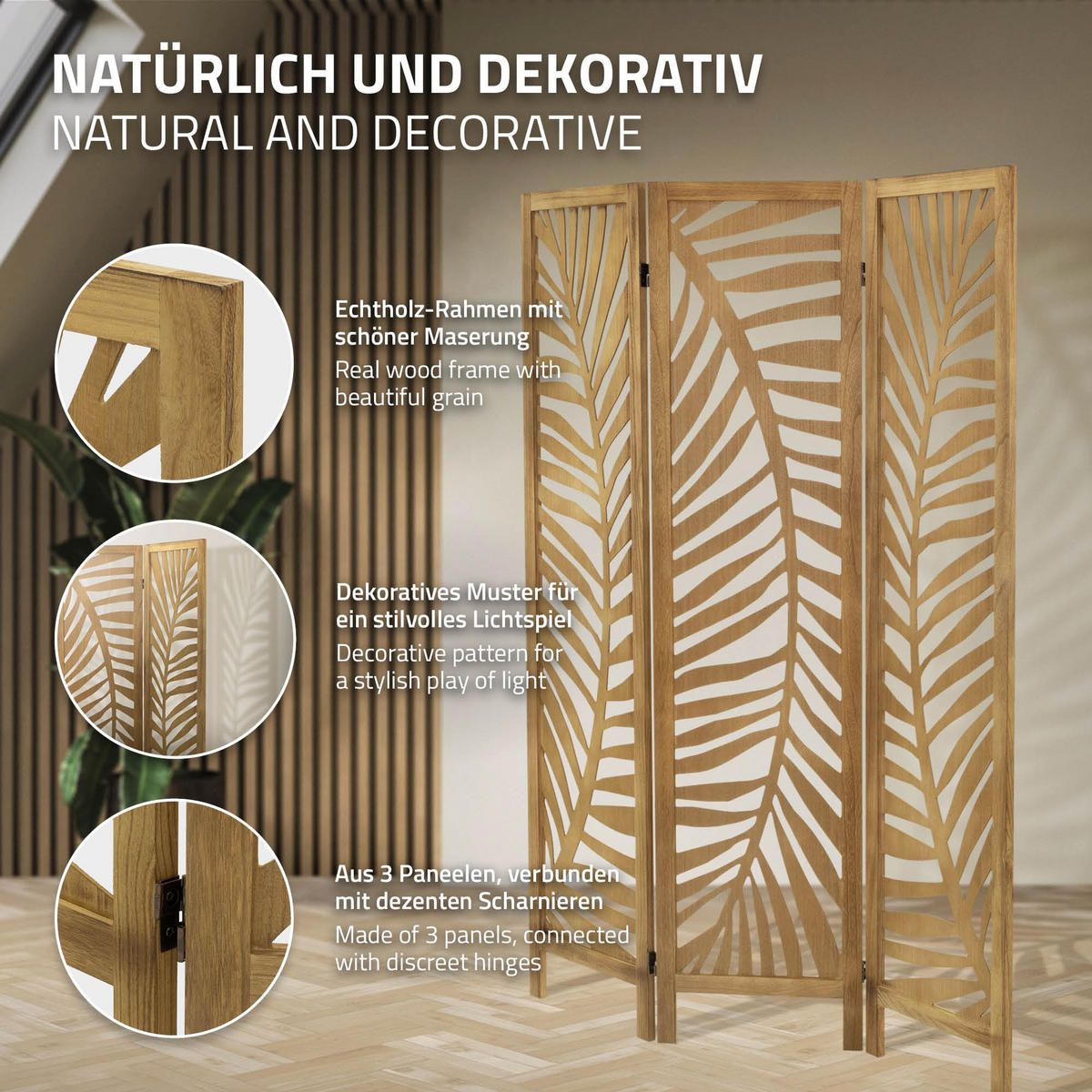 PARAVENT 3 teilig Fukuoka 170x121 cm Natur aus Holz - Beige, Holz (121/170/2cm) - ML-DESIGN