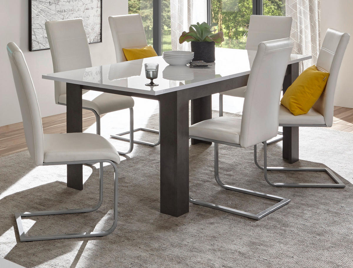 ESSTISCH weiß Hochglanz, grau Stone 158 - 200 cm, Küchentisch ausziehbar - Weiß Hochglanz/Grau, Holzwerkstoff (158/88/75cm) - Furn.Design