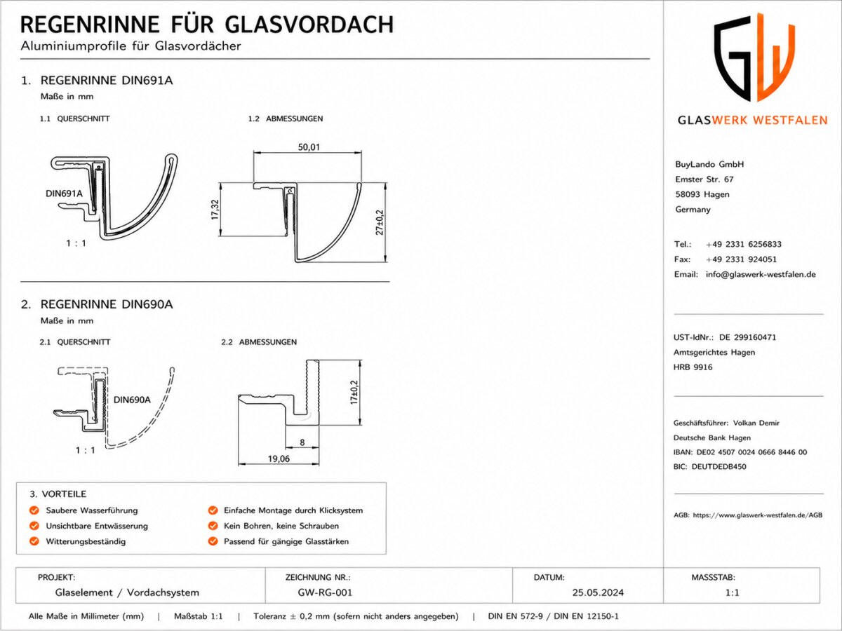ALUMINIUM-REGENRINNE für Glasvordach 200cm Silber - Silberfarben, Metall (20/5/200cm) -  Glaswerk Westfalen
