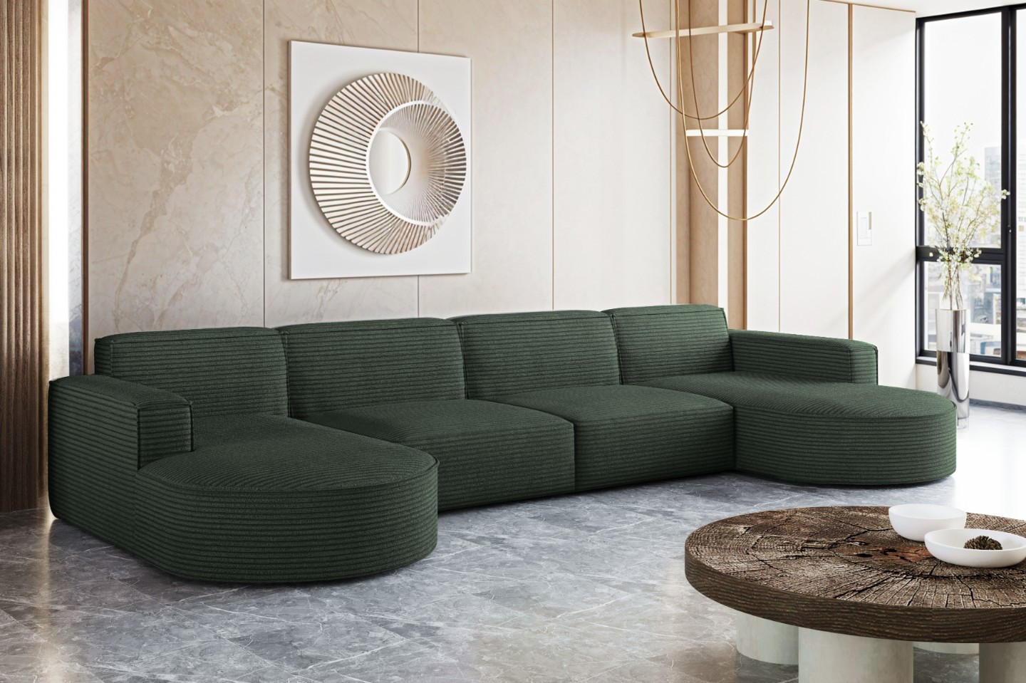 ECKSOFA U-Form XL Designer MODENA stoff Dicker Cord Poso Grün - Grün, Holz (165/382cm) - Kaiser Möbel