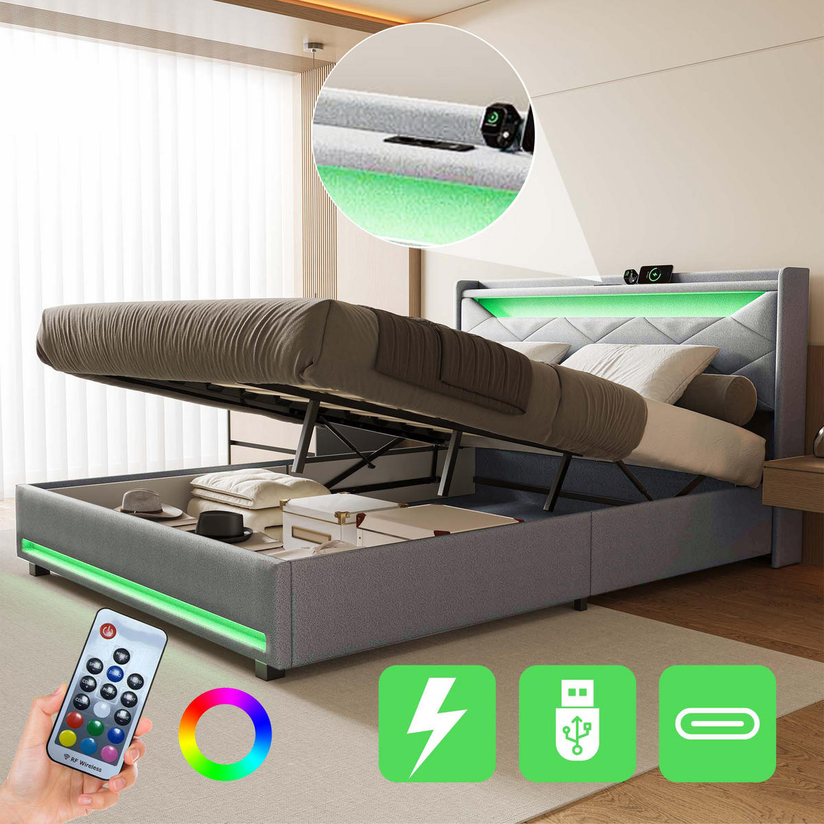 POLSTERBETT 140x200 cm LED Stauraum Lattenrost gepolstert grau - Grau, Holz (140/200cm) - LEBENLANG