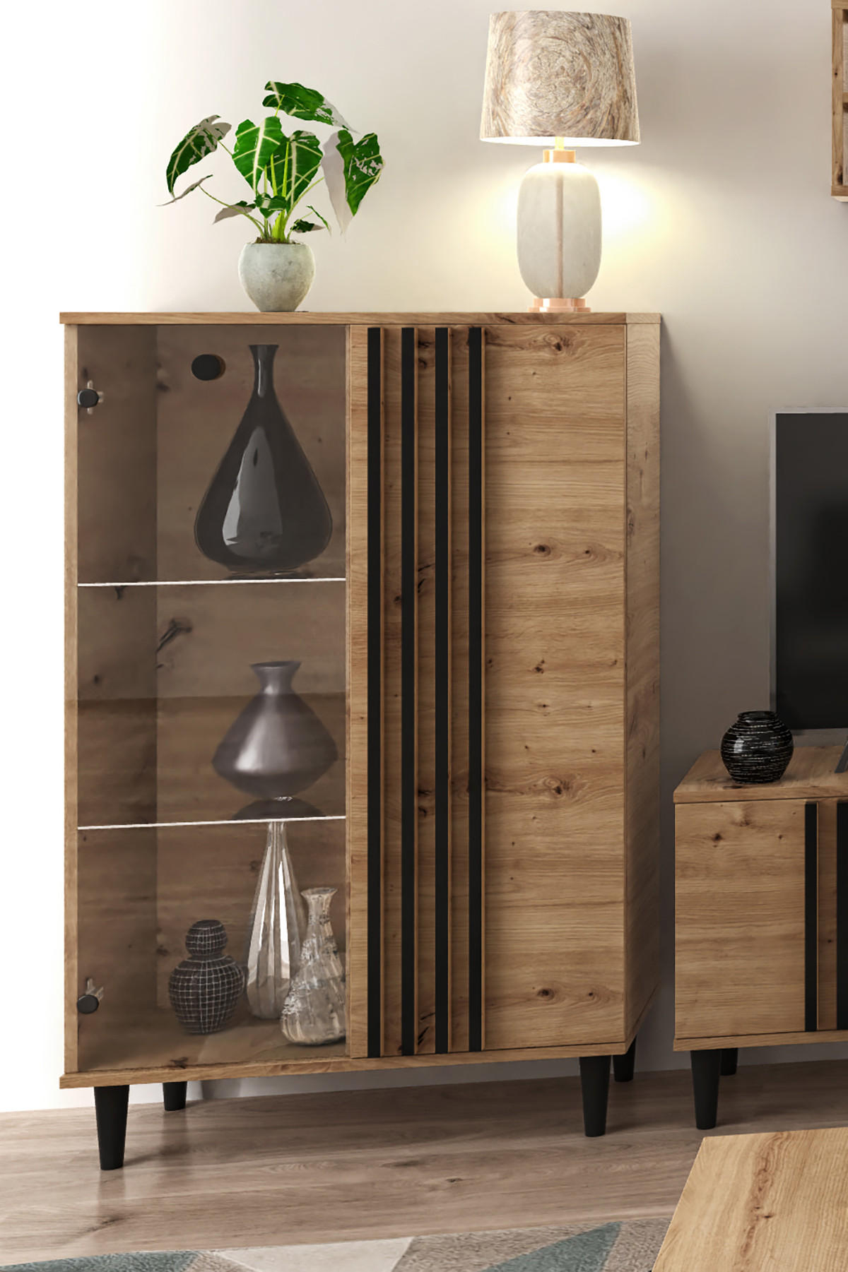 VITRINE Laura I 80 cm 2-türig mit Lamellen und Holzbeine, eiche artisan, schwarz - Schwarz/Eiche Artisan, Holz/Kunststoff (80/135/40cm) - Margaret Hadas24