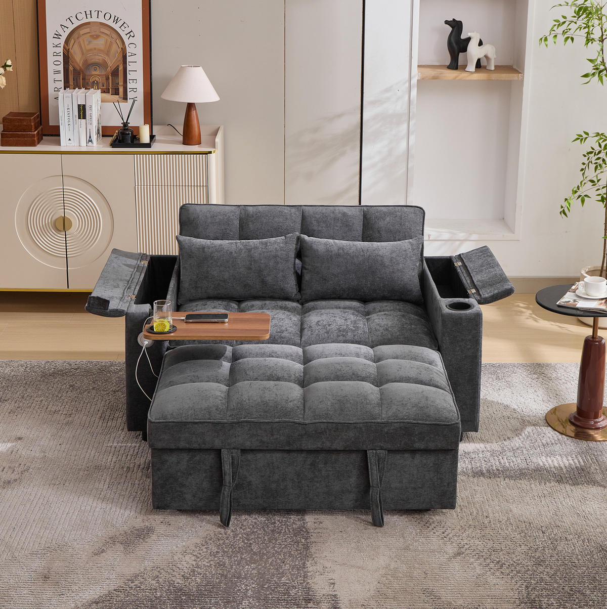 SCHLAFSOFA 140,5/74/82 cm in Grau – ausziehbar mit USB und verstecktem Tisch - Grau, Textil (140.5/82/74cm) - BEAOK