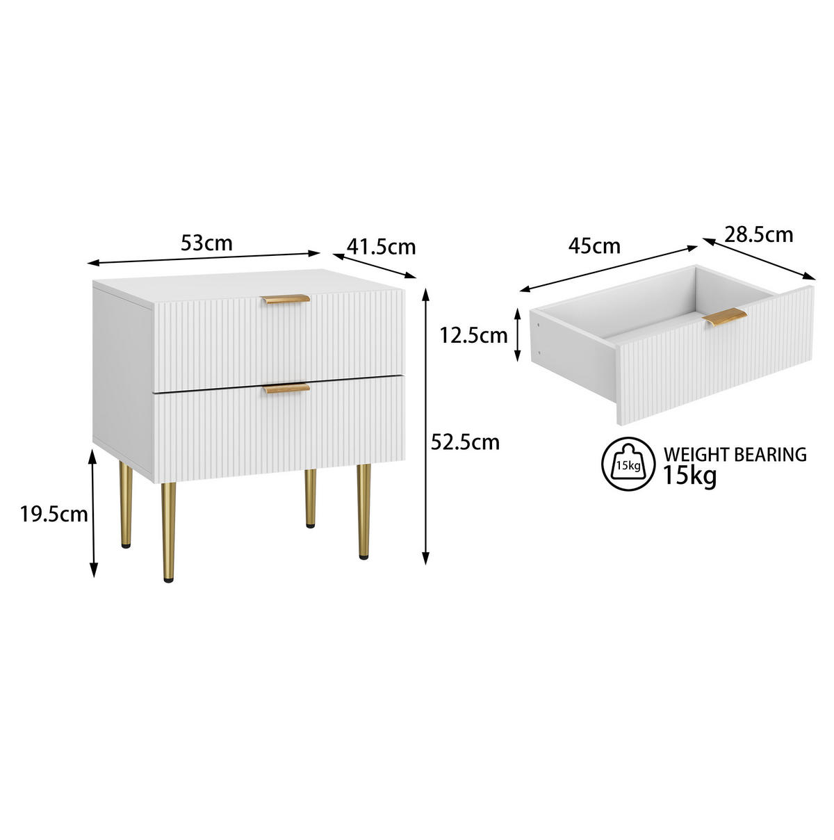 NACHTTISCH aus MDF und Holzwerkstoff 53x41,5x53 cm Weiß mit 2 Schubladen und Metallbeinen im modernen Rillendesign - Weiß, Holzwerkstoff (53/52.5/41.3cm) - Modfu