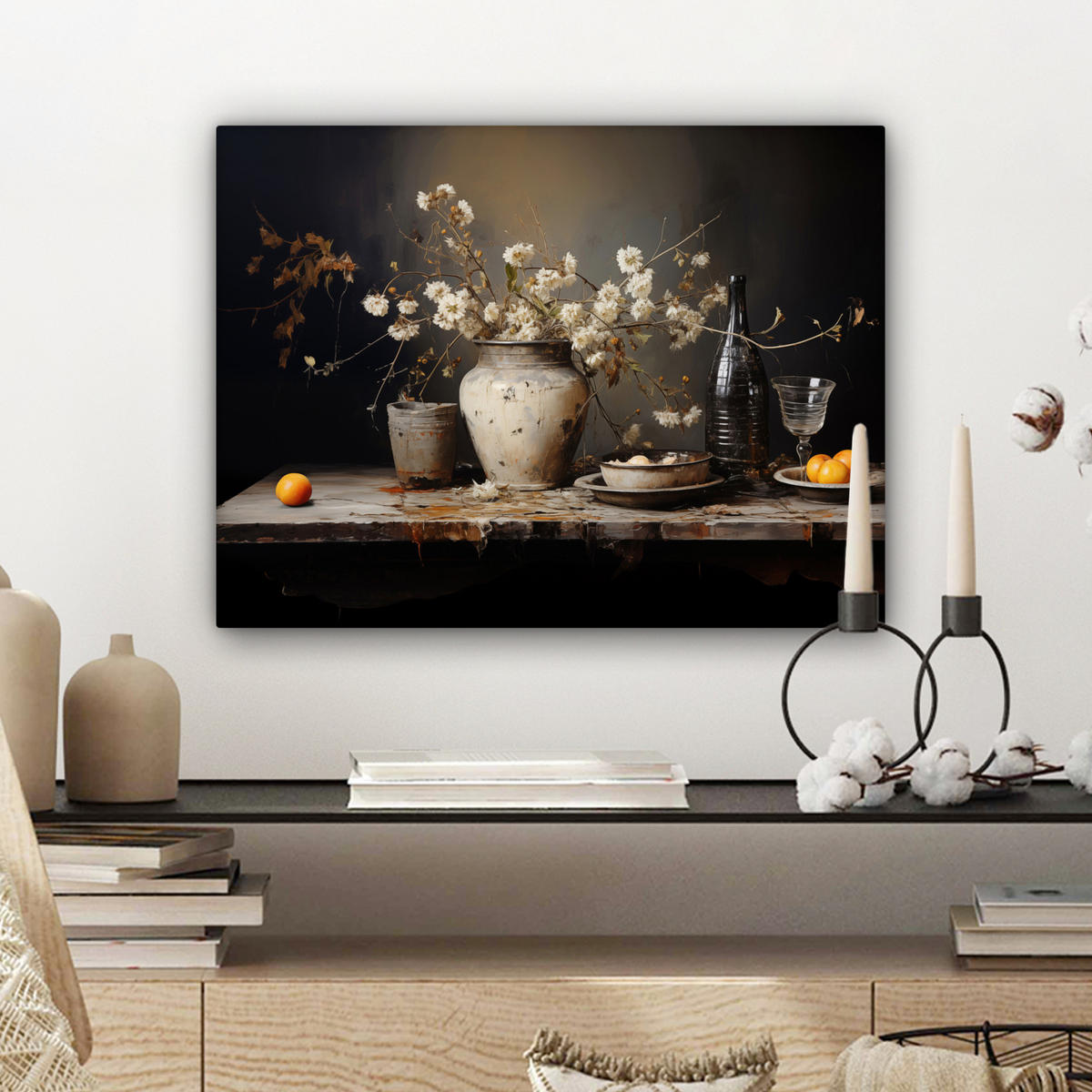LEINWANDBILD Stilleben - Blumen - Blumenstrauß - Vase - Wein Wandbild 40x30 cm - Schwarz, Textil (40/30cm) - MuchoWow